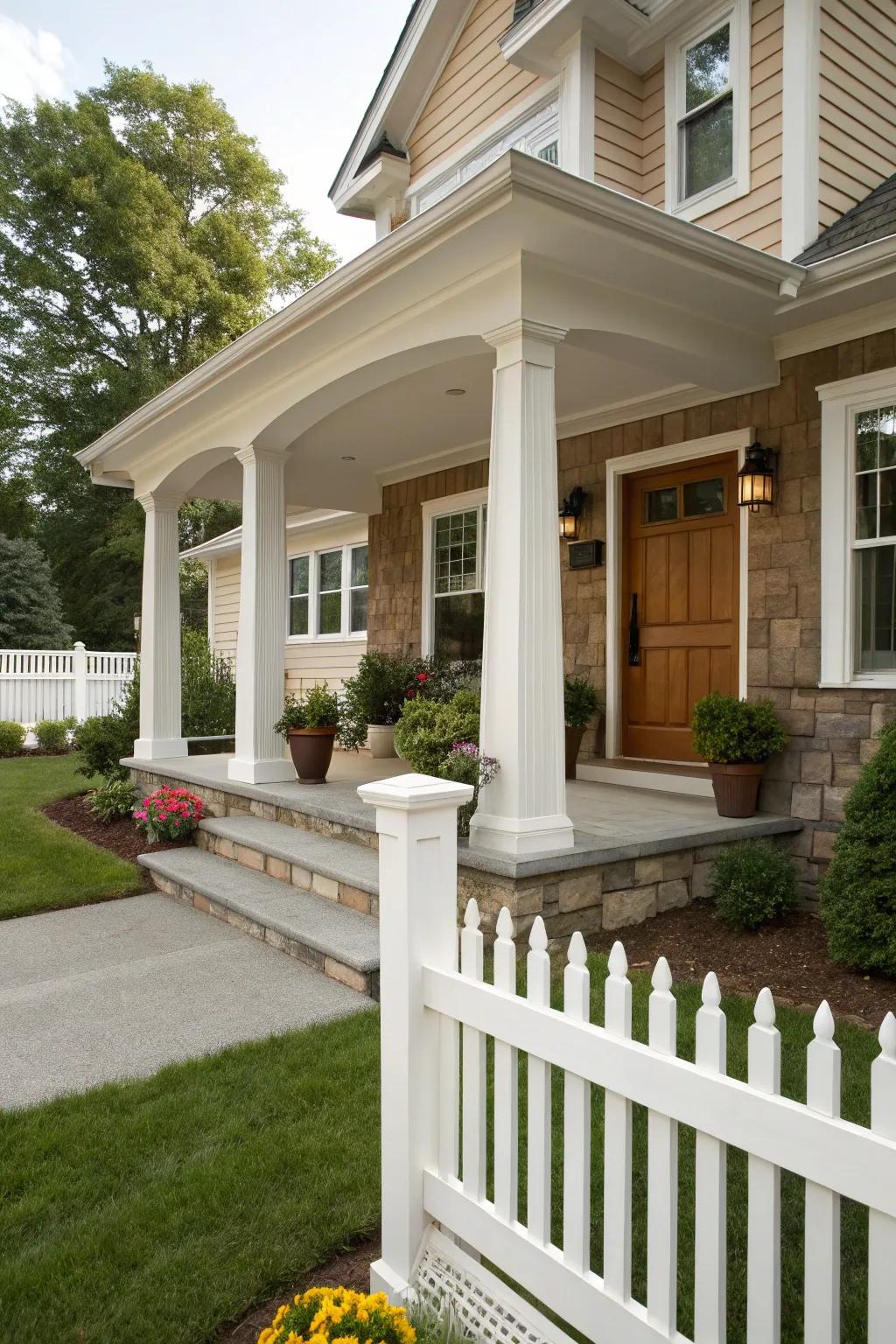 Fiberglass columns offer classic charm with minimal maintenance.