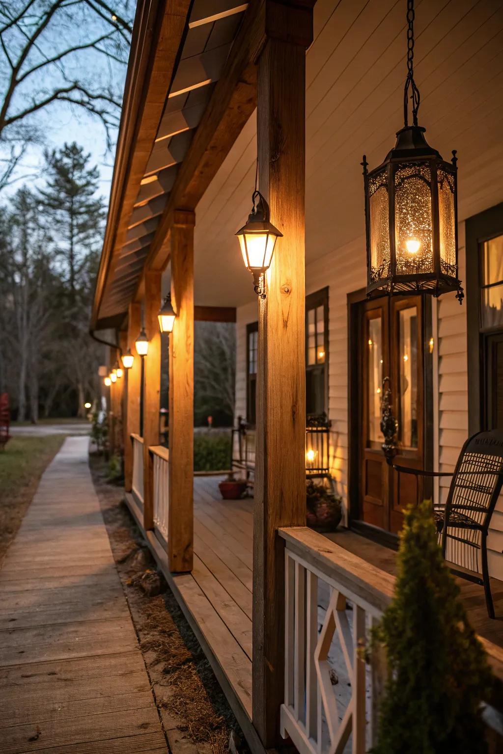 Vintage lanterns casting a cozy glow on the porch.