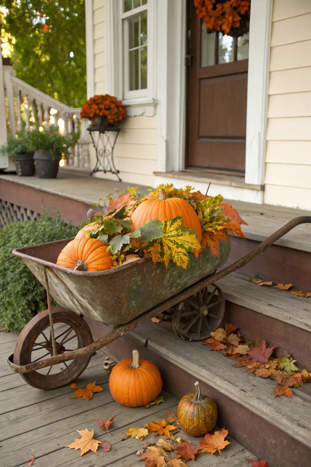 A vintage wheelbarrow brings rustic charm to your fall decor.