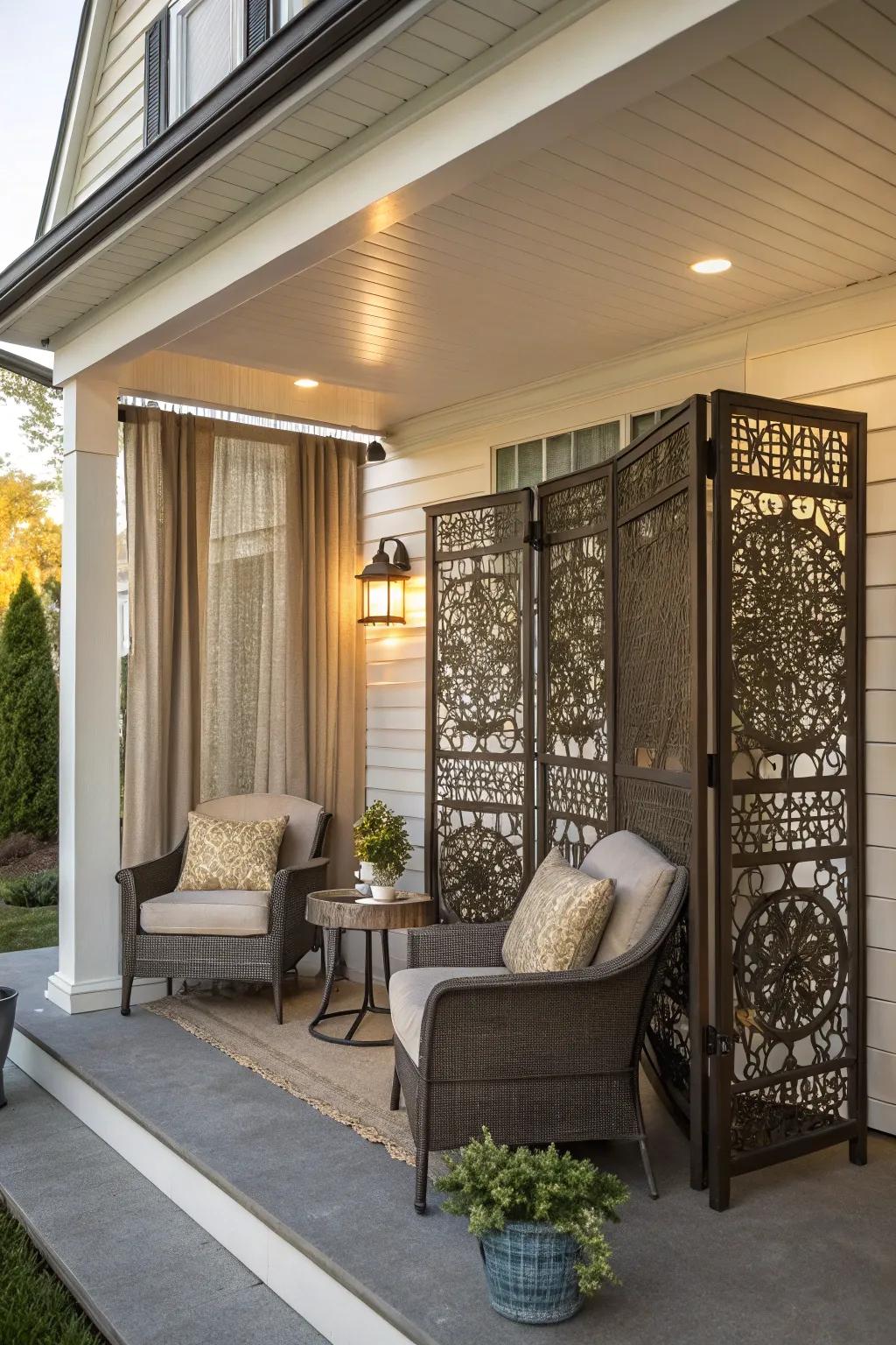 Elegant privacy screens providing a secluded porch area.