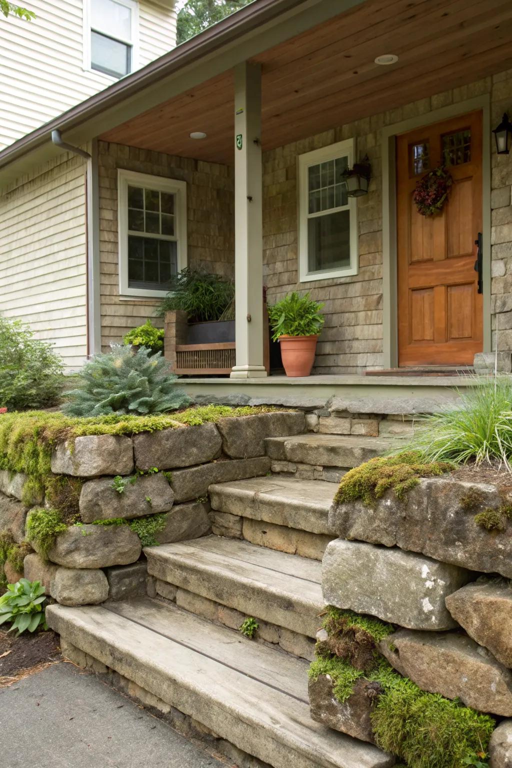 Natural stone provides a rustic charm to a retaining wall.