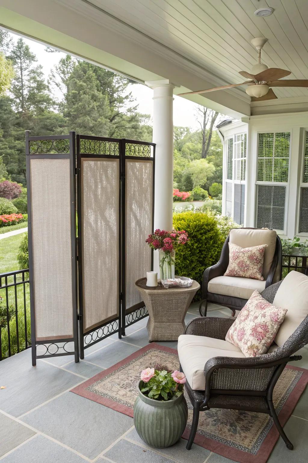A private porch setting with elegant screens providing seclusion and coziness.