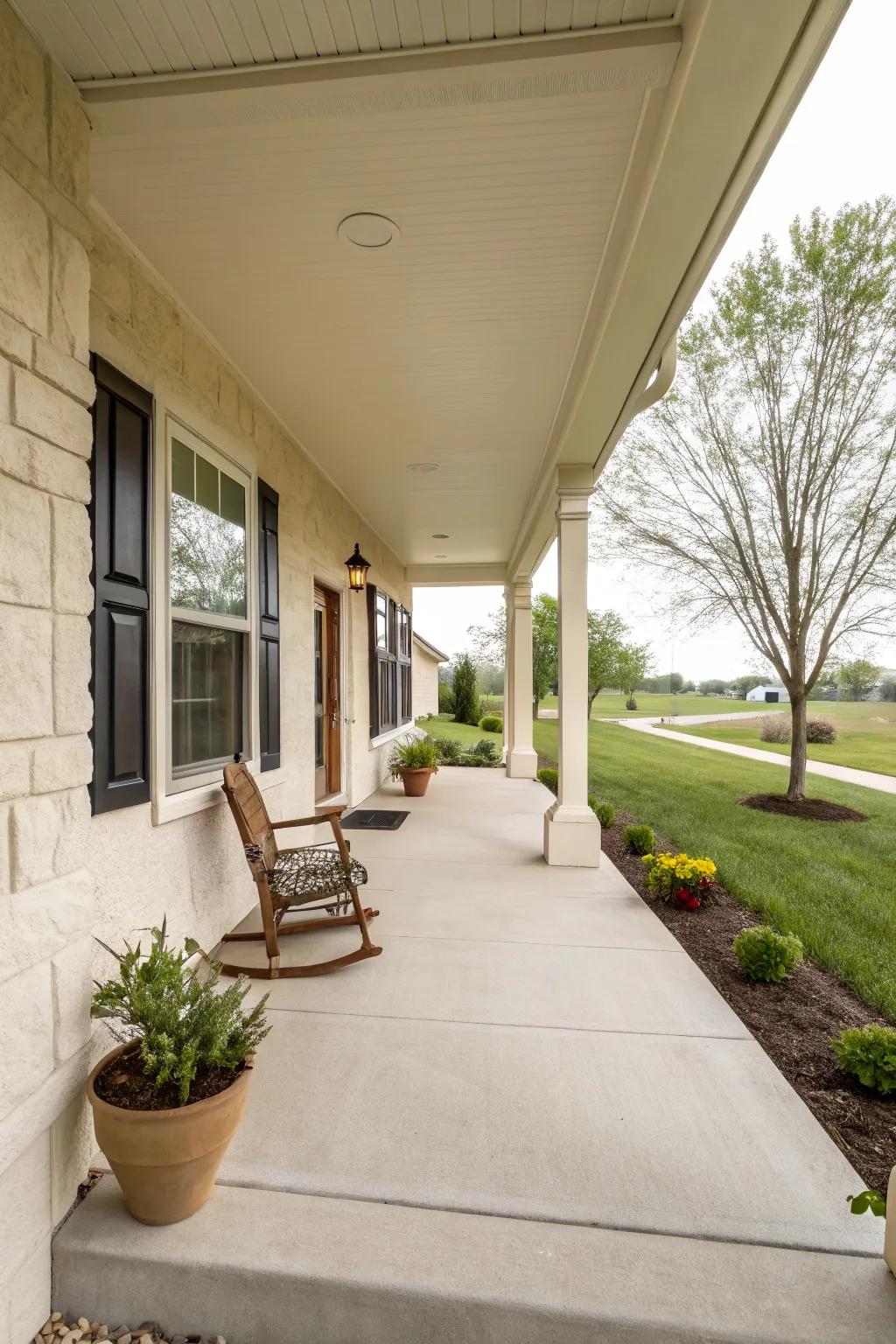 Minimalist front porch with smooth stucco siding.