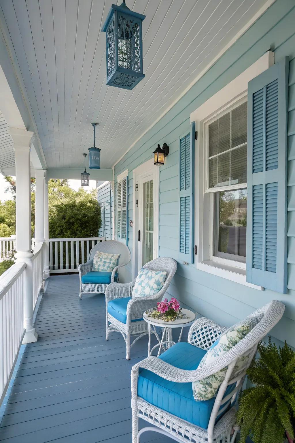 A cohesive color theme ties the porch decor together