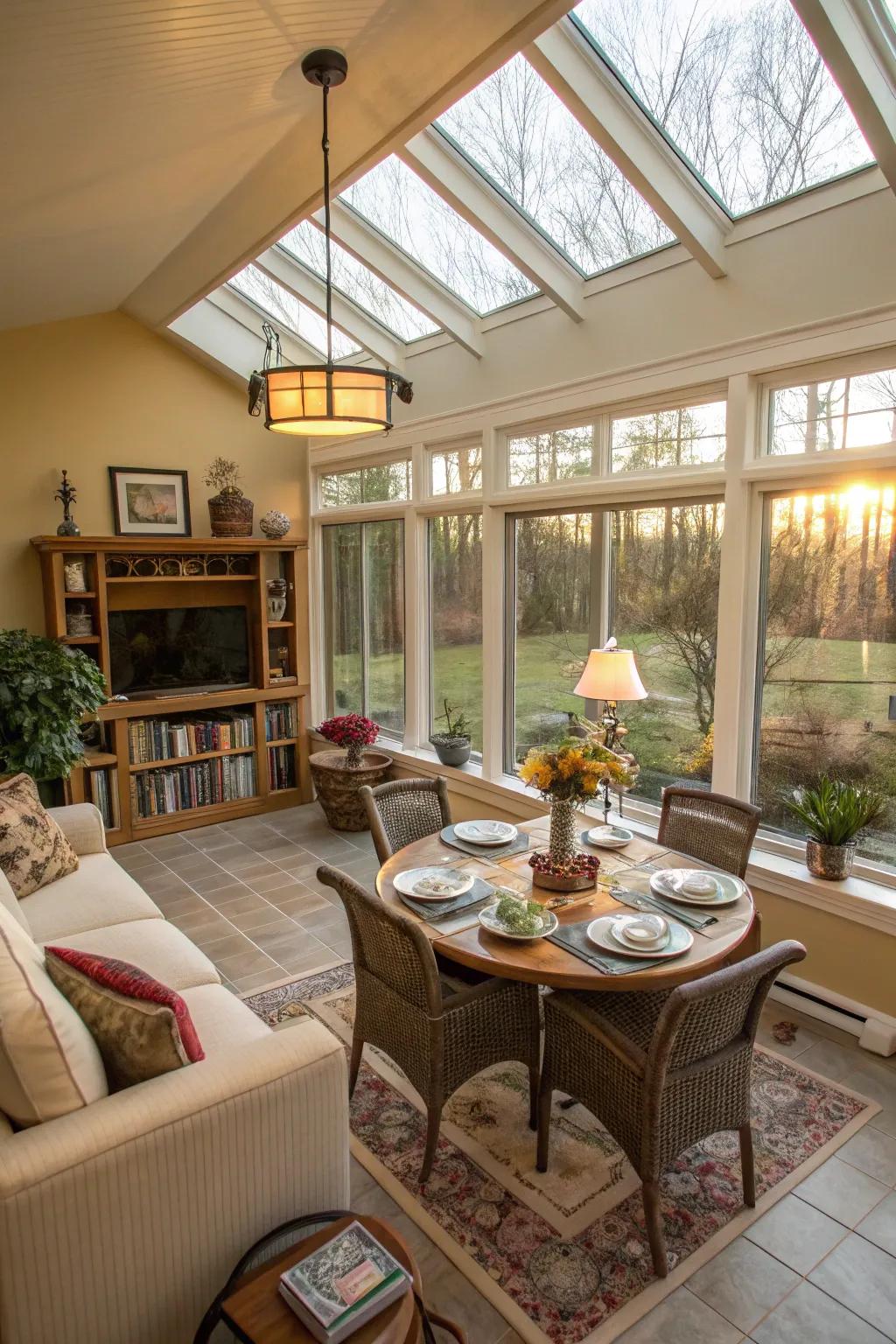 A multifunctional sunroom space for various activities.