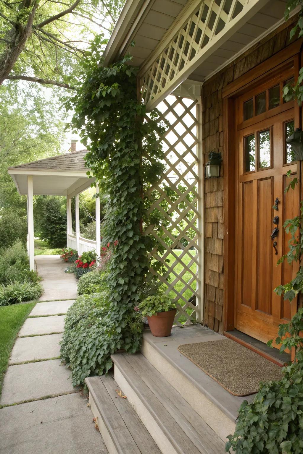 A timeless lattice trellis adorned with lush ivy.