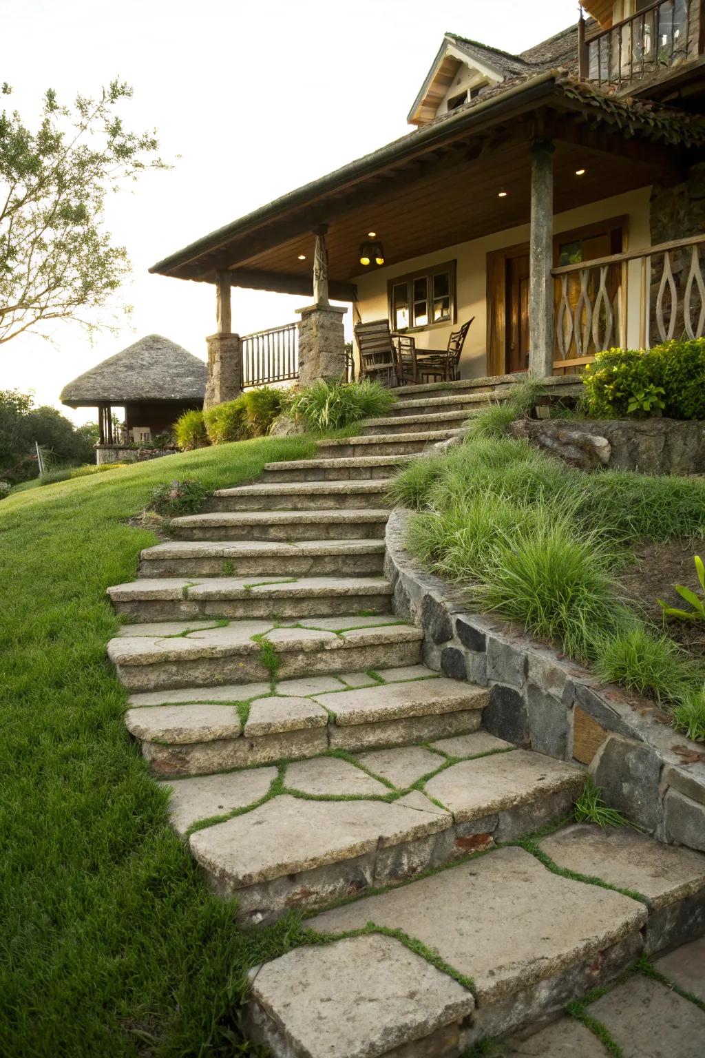 Stone steps adding elevation and style to the walkway.