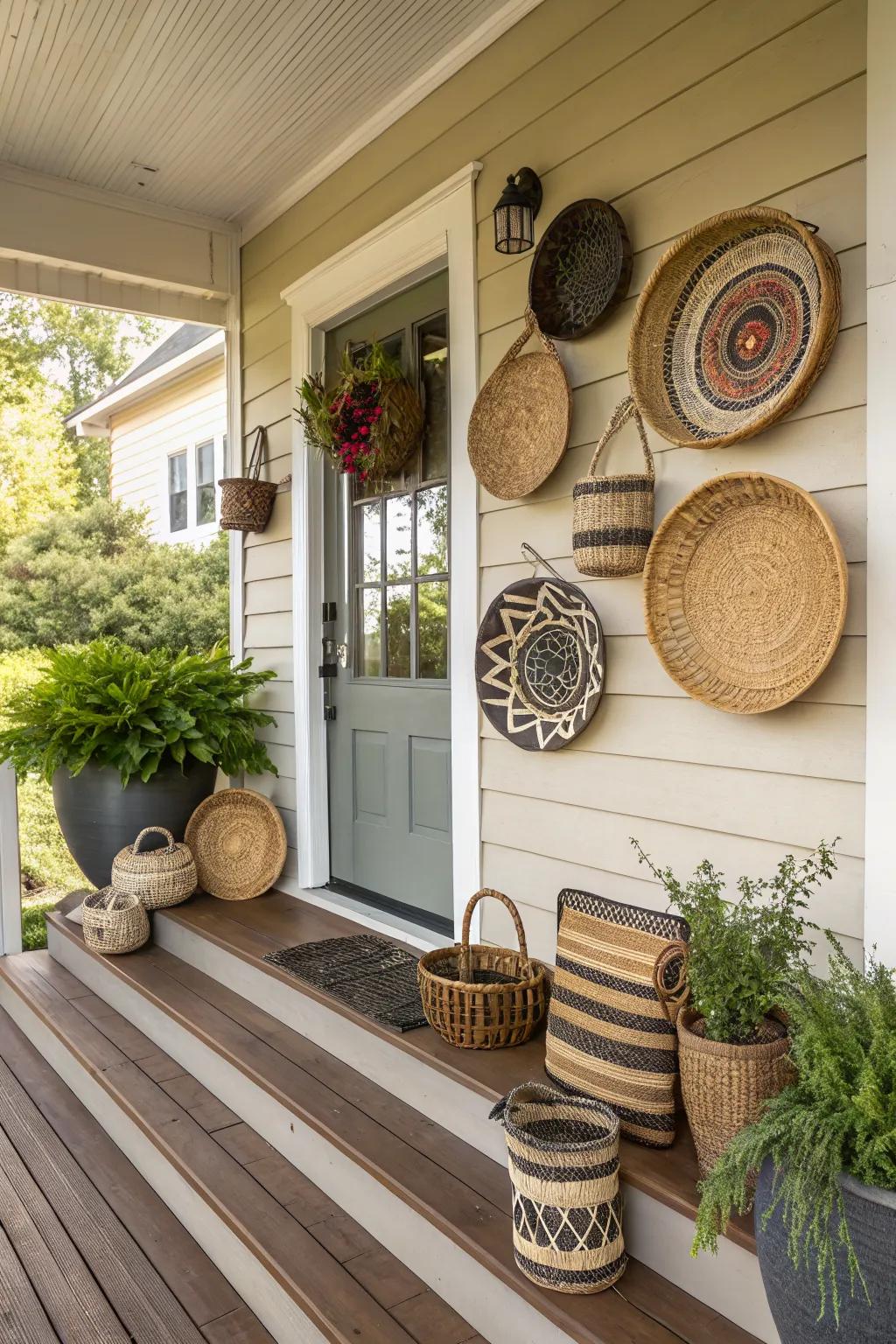 A basket wall adds unique texture to the porch decor.