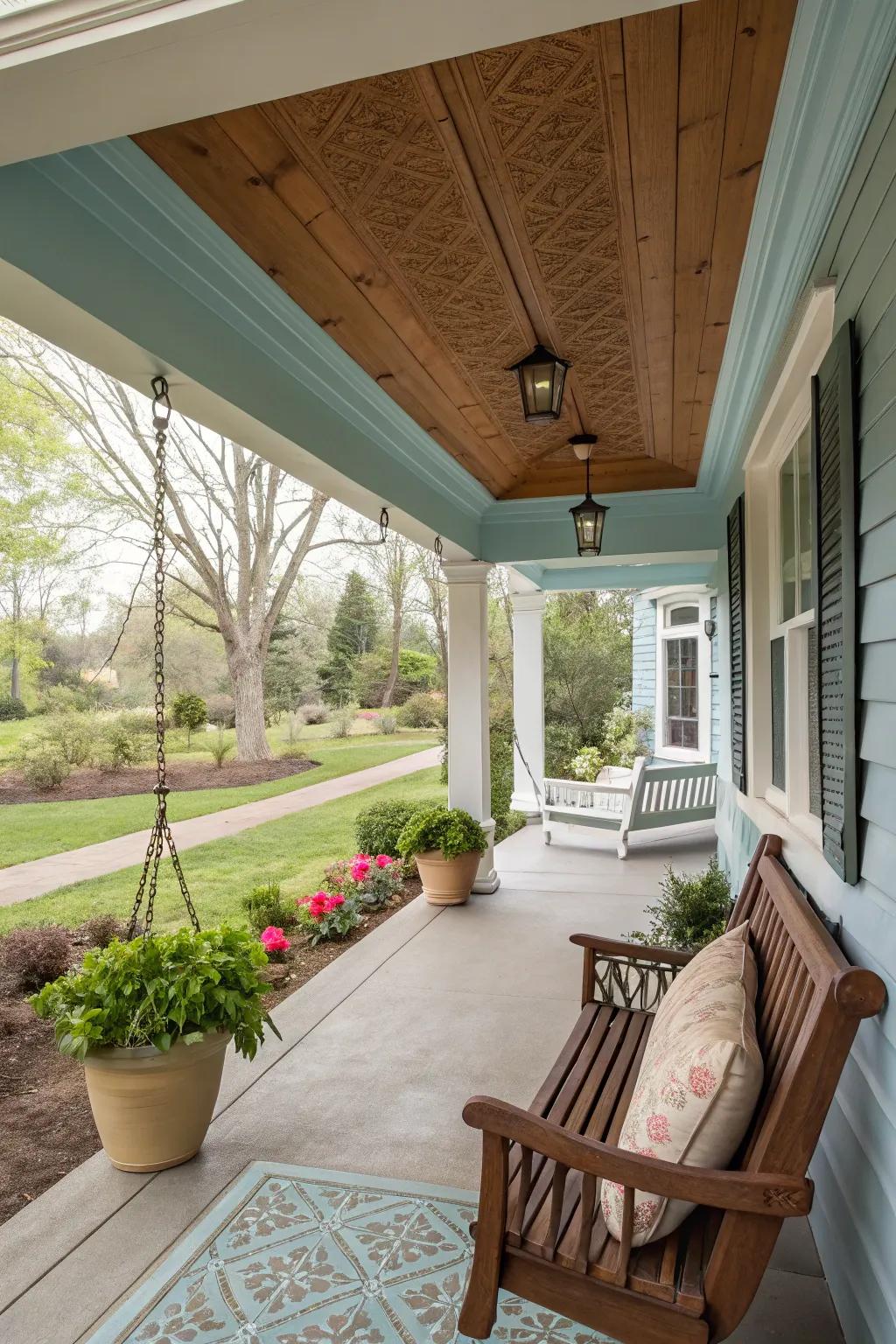 A decorative wood ceiling adding character to the porch.