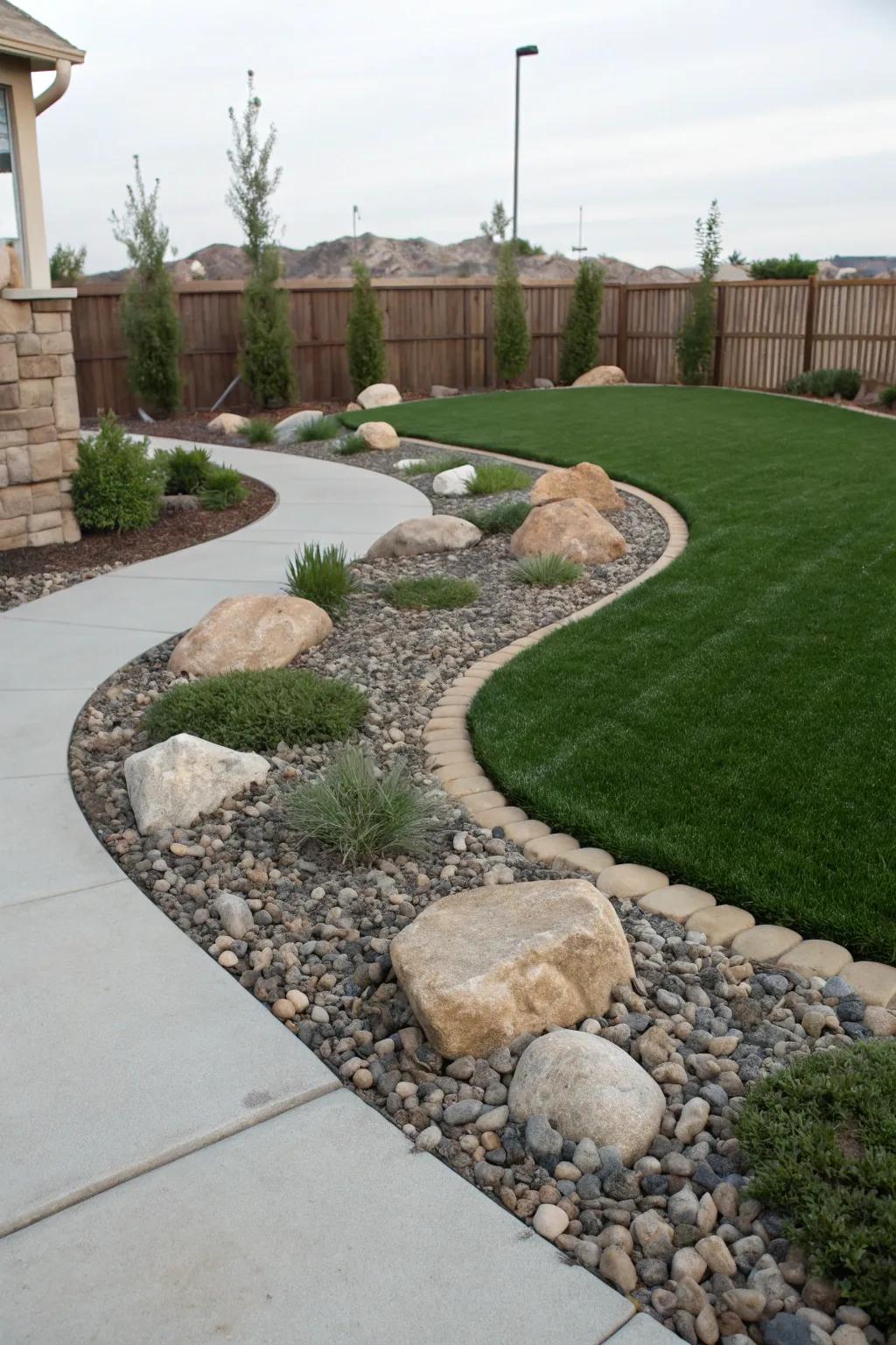 Curvy lawn shapes adding a dynamic flow.