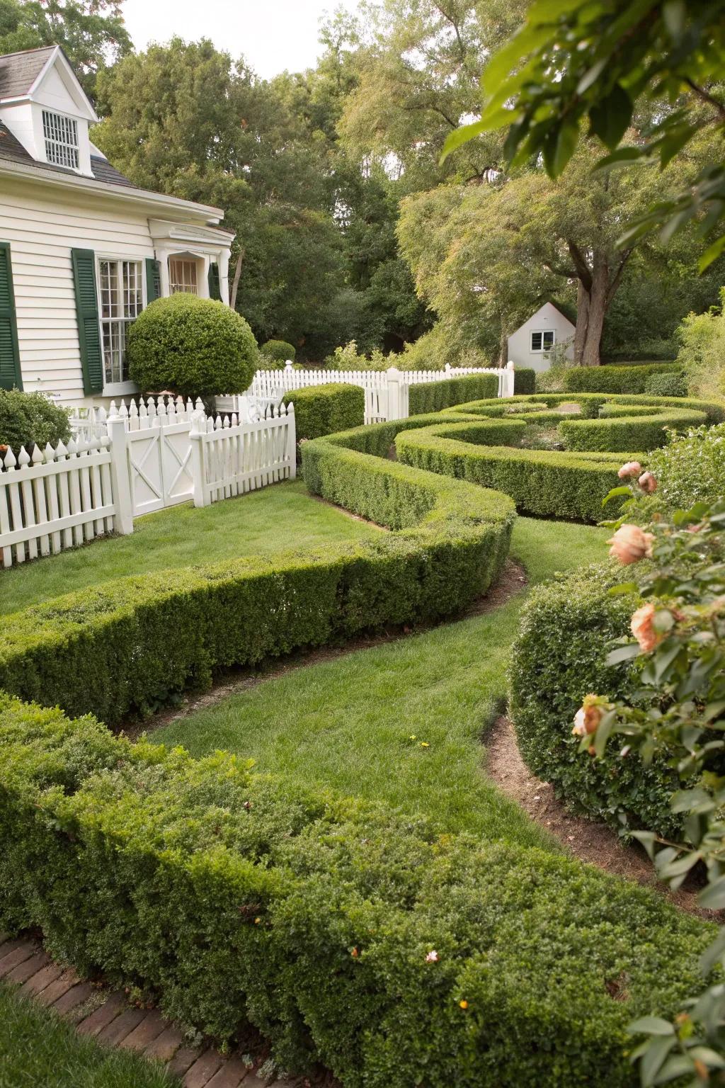 A mini maze of boxwoods invites exploration.