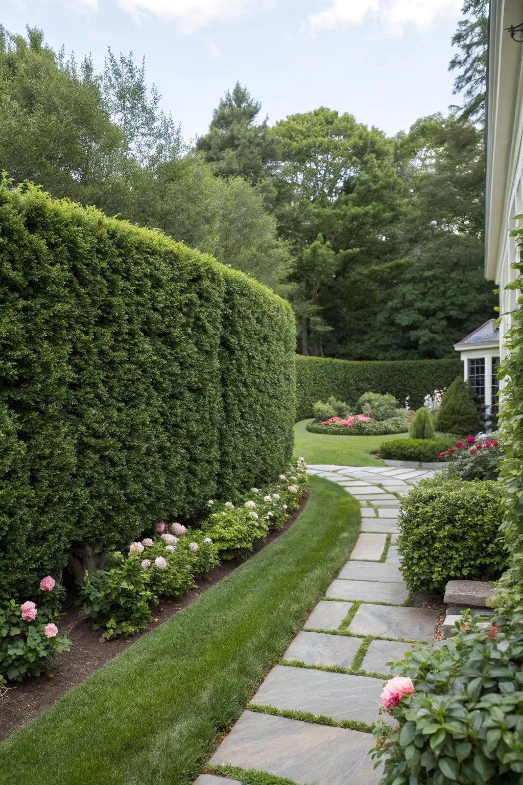 Enjoy privacy and elegance with dense boxwood hedges.