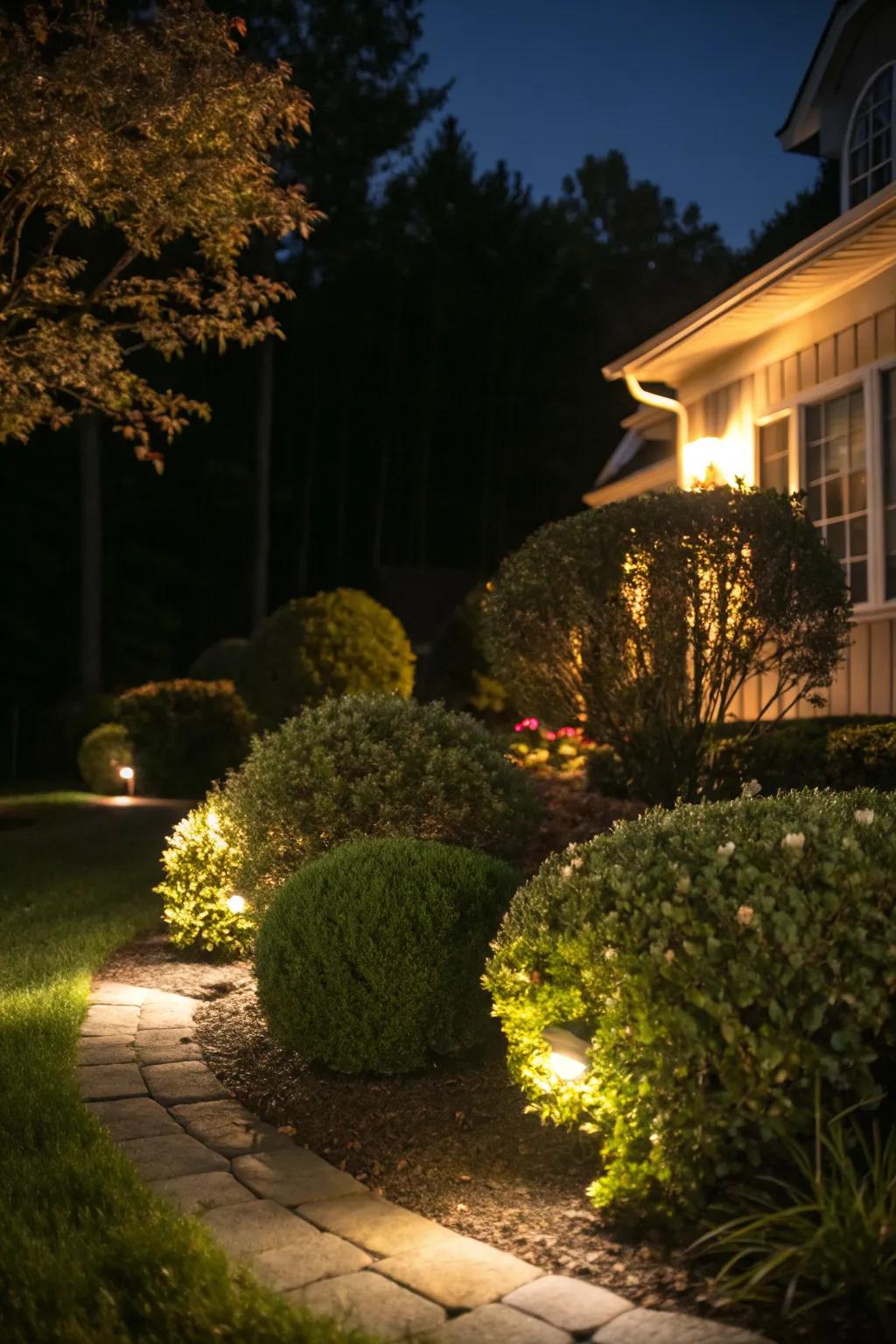 Enhance your bushes with strategic lighting for a magical touch.