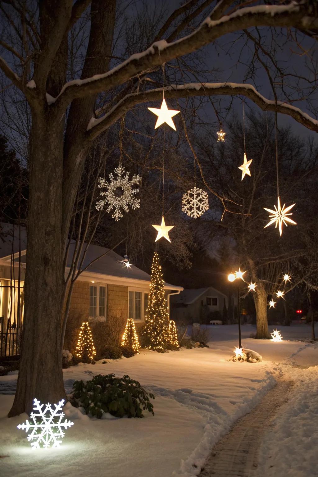 Hang stars and snowflakes for a celestial touch.