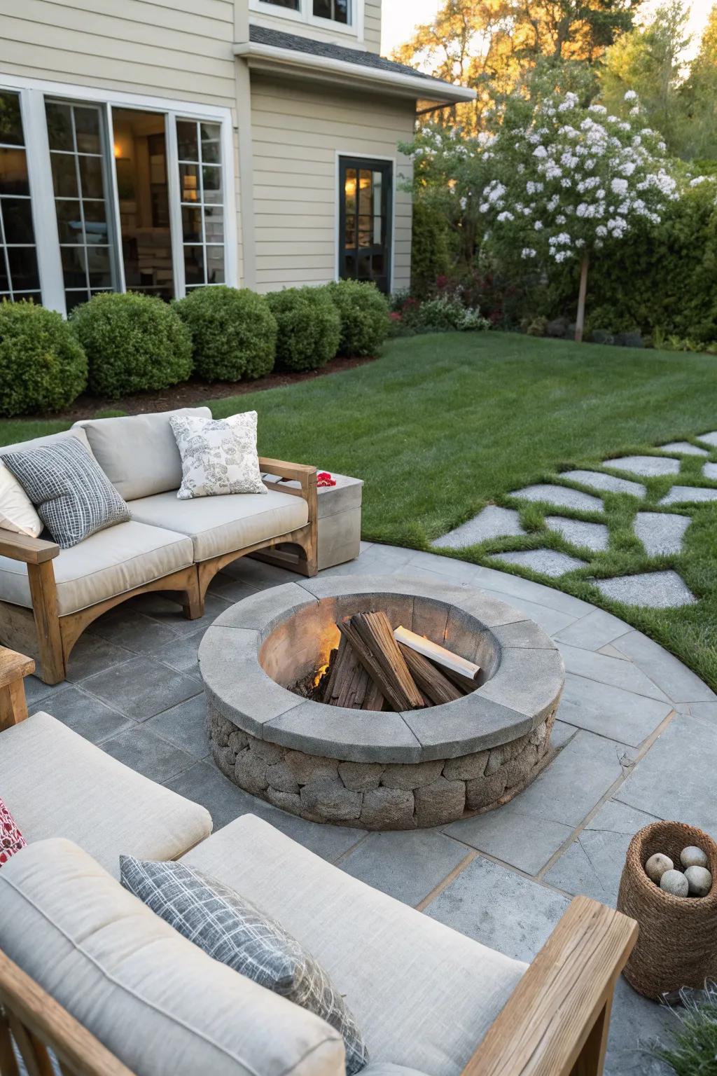 A cozy concrete fire pit becomes the heart of this front yard.