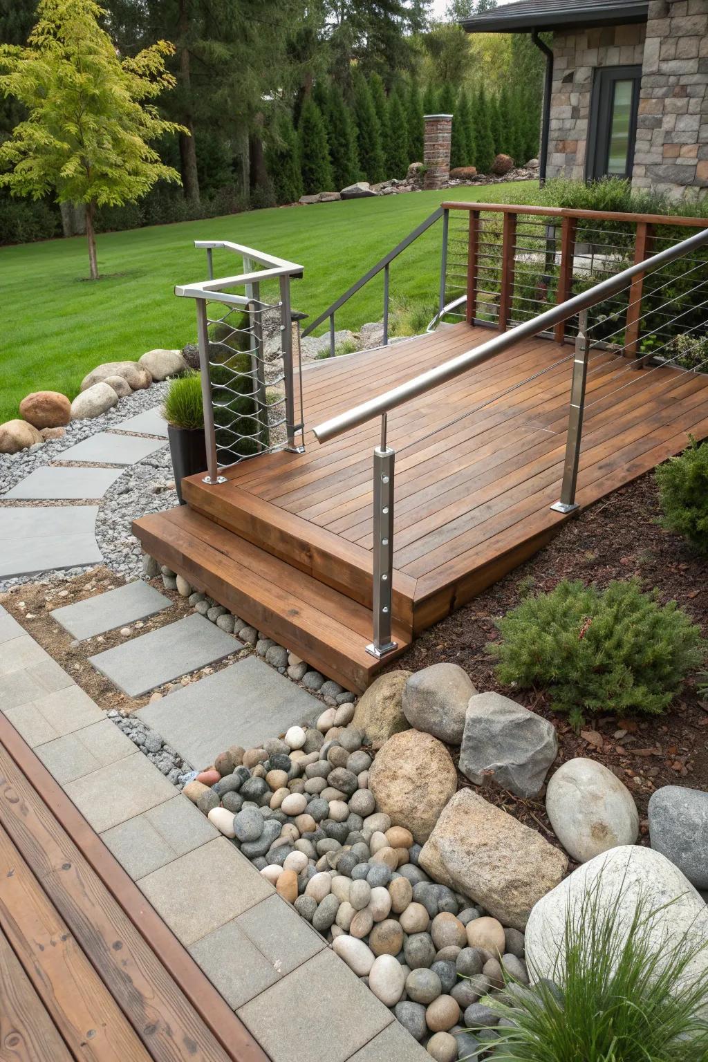 A modern front yard deck combining wood, stone, and metal.