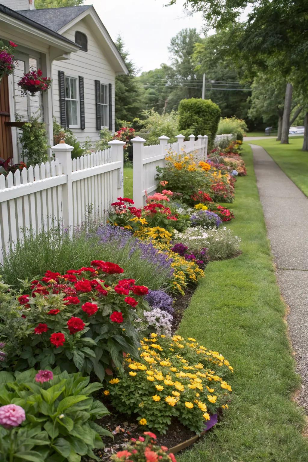 Flower beds bring color and function as natural dividers.