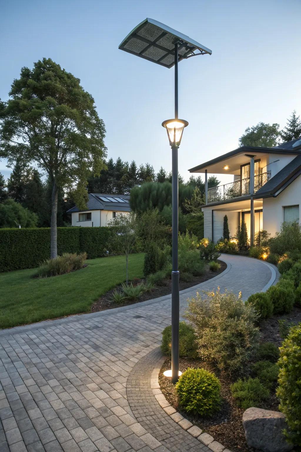 Eco-friendly solar-powered light post offering sustainable driveway lighting.