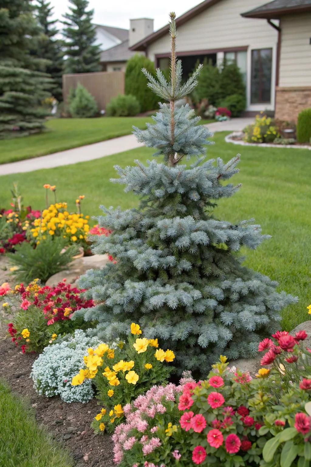 Seasonal flowers keep the garden lively around dwarf blue spruce.