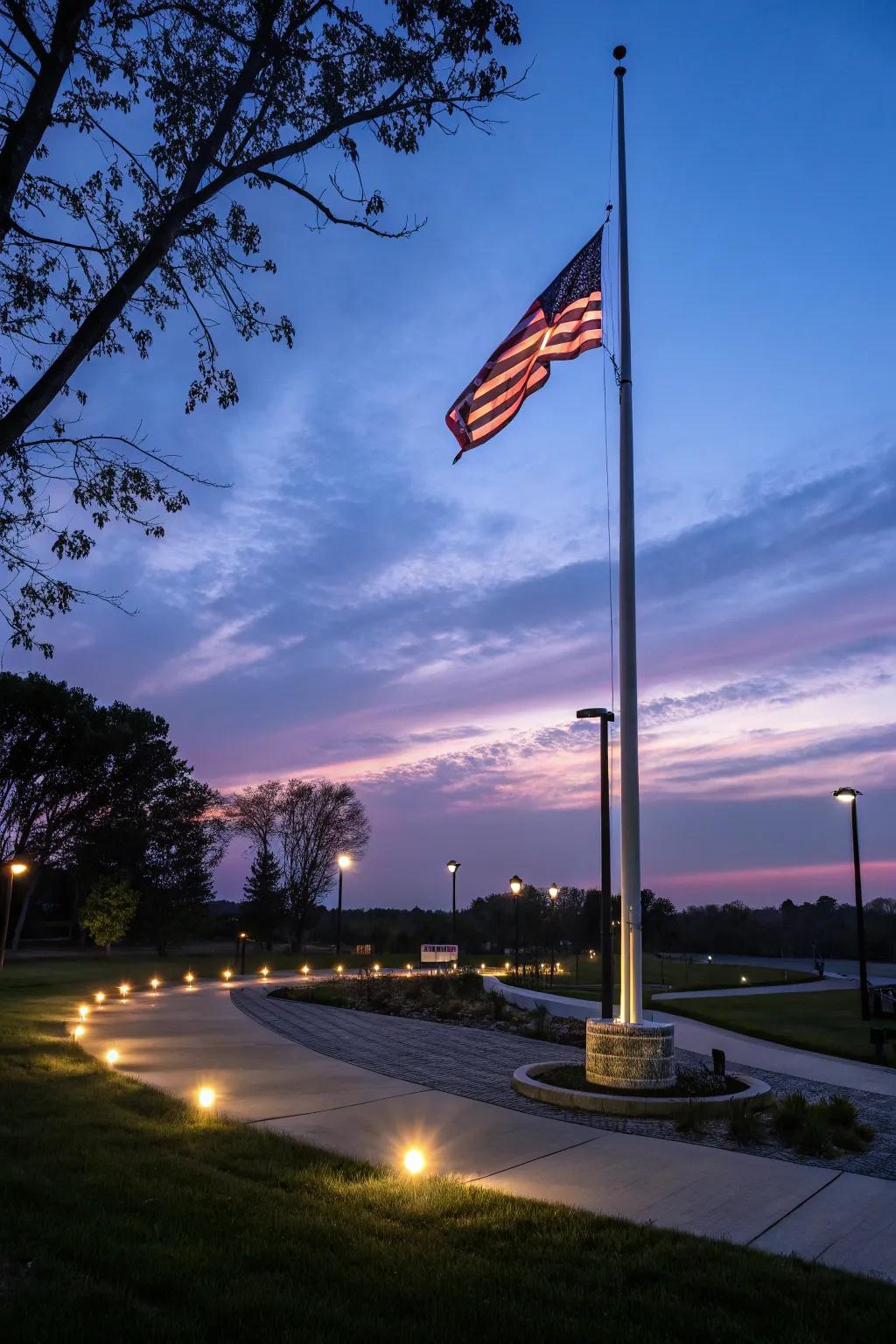 Lighting adds nighttime charm to the flagpole.