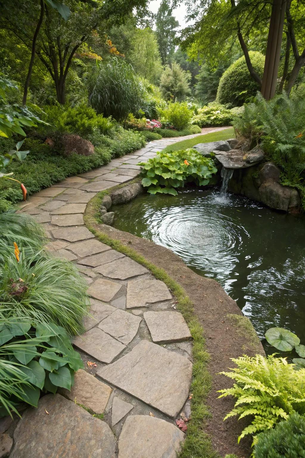 Water feature enhancing the flagstone walkway.