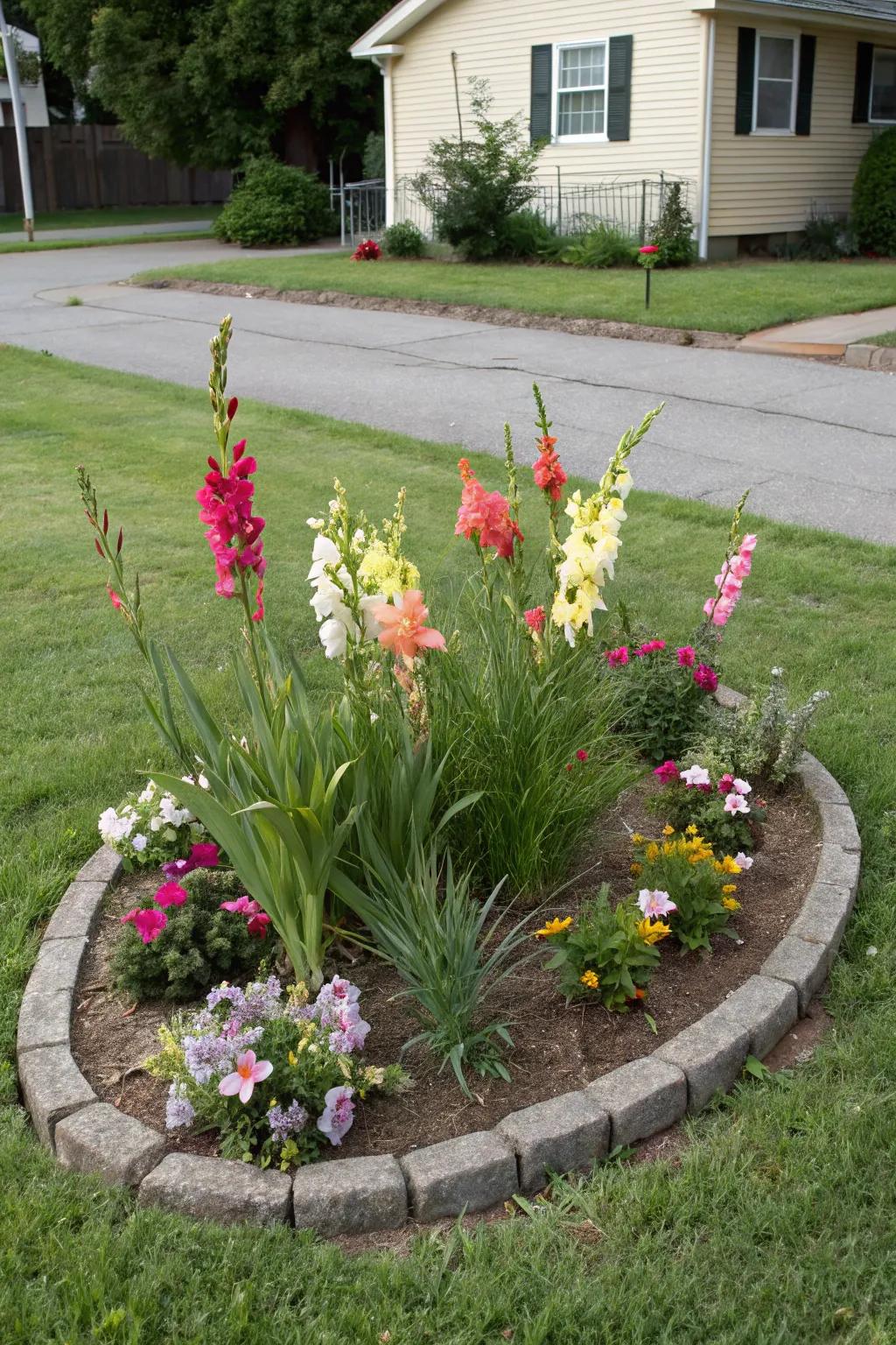 A circular bed with gladiolus serves as a stunning focal point.
