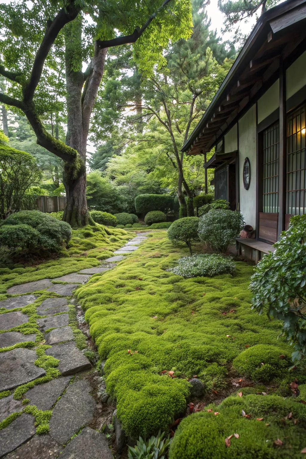 Moss carpet offers a unique, low-maintenance green alternative.