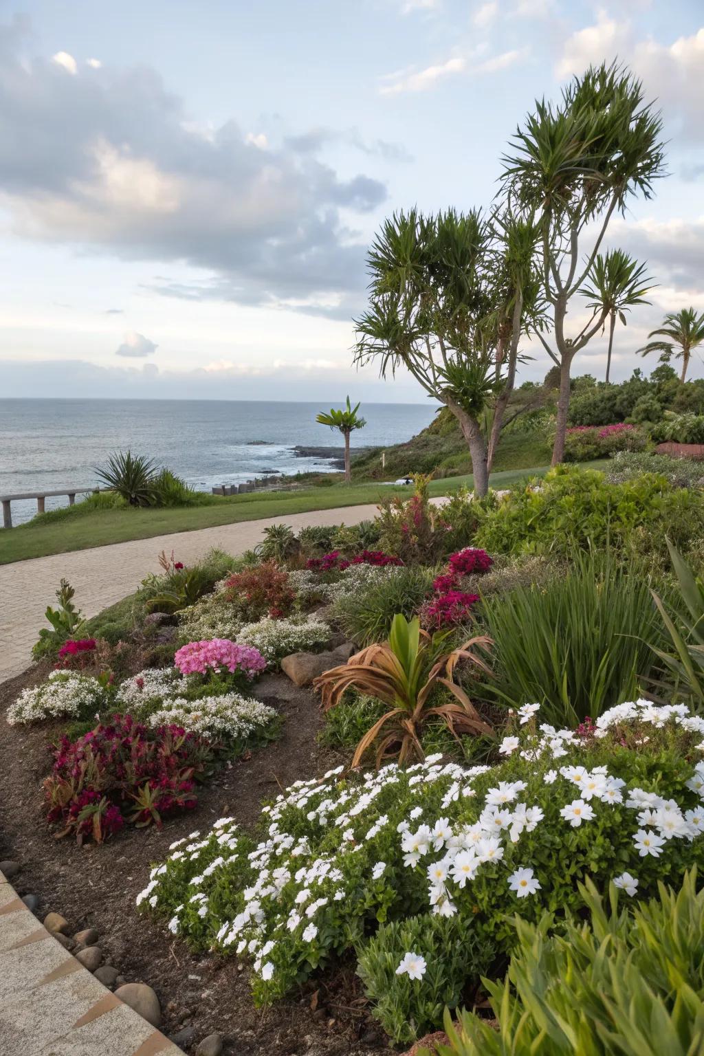 An island flower bed mixing plants with contrasting textures for visual interest.