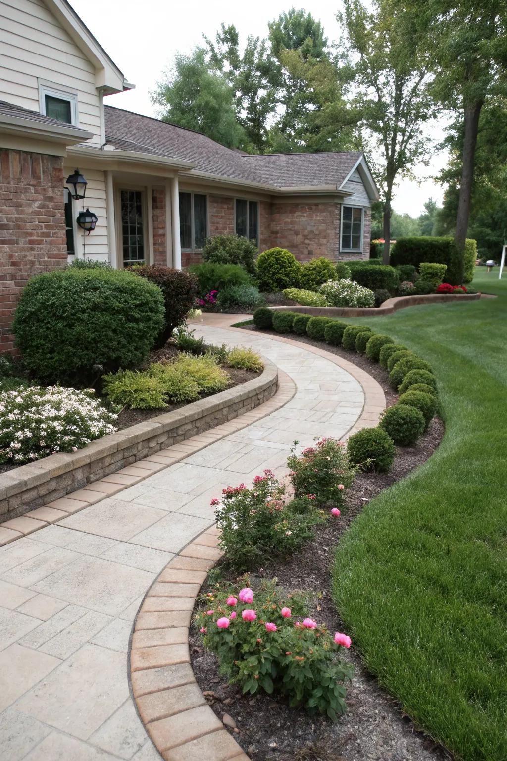 Integrated pathways and edging create a cohesive and inviting front yard.