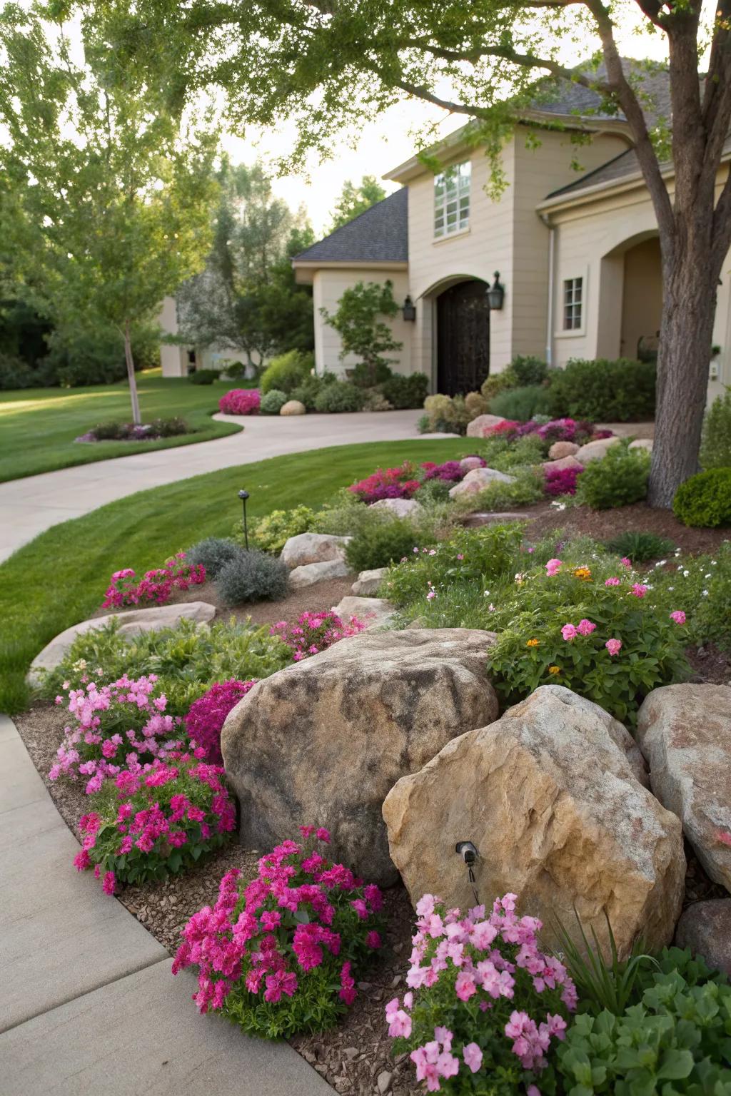 Eye-catching rock islands that serve as focal points in the yard.