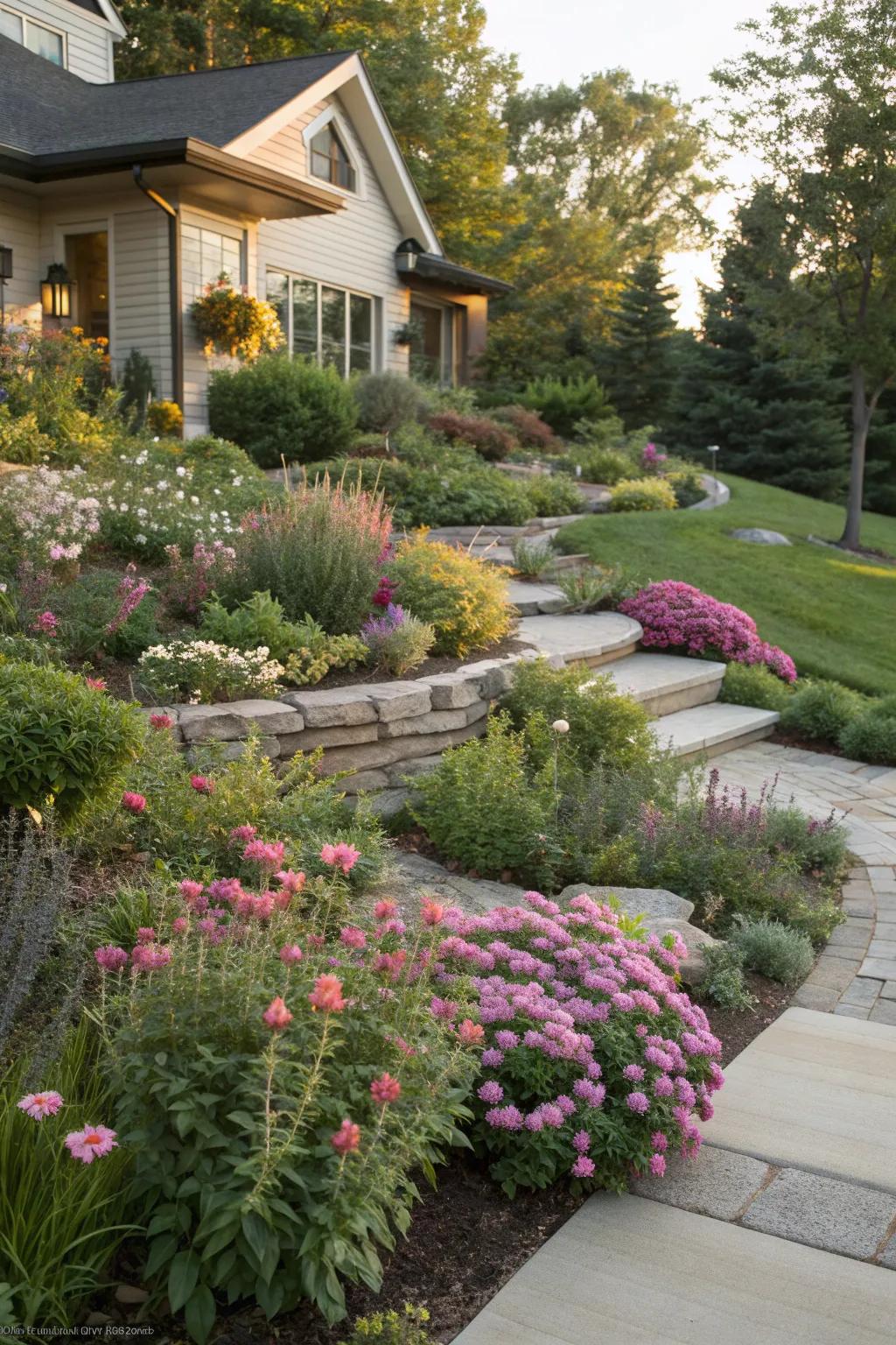 Layered planting enhancing depth in a Zone 6 front yard.