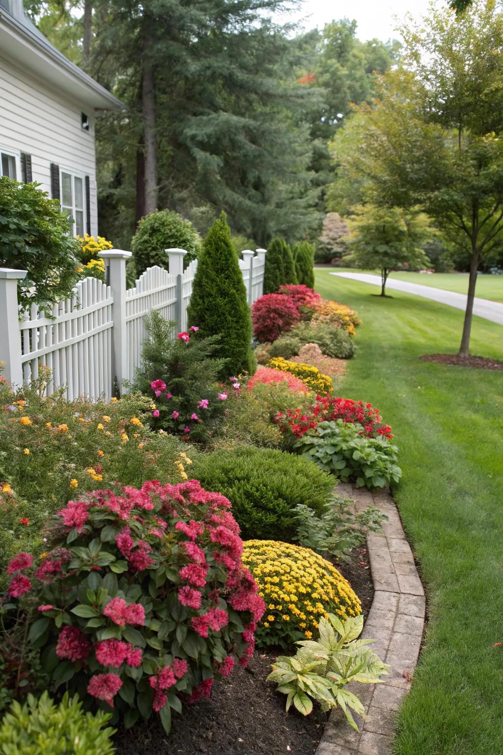 A front yard designed for vibrant beauty throughout the seasons.