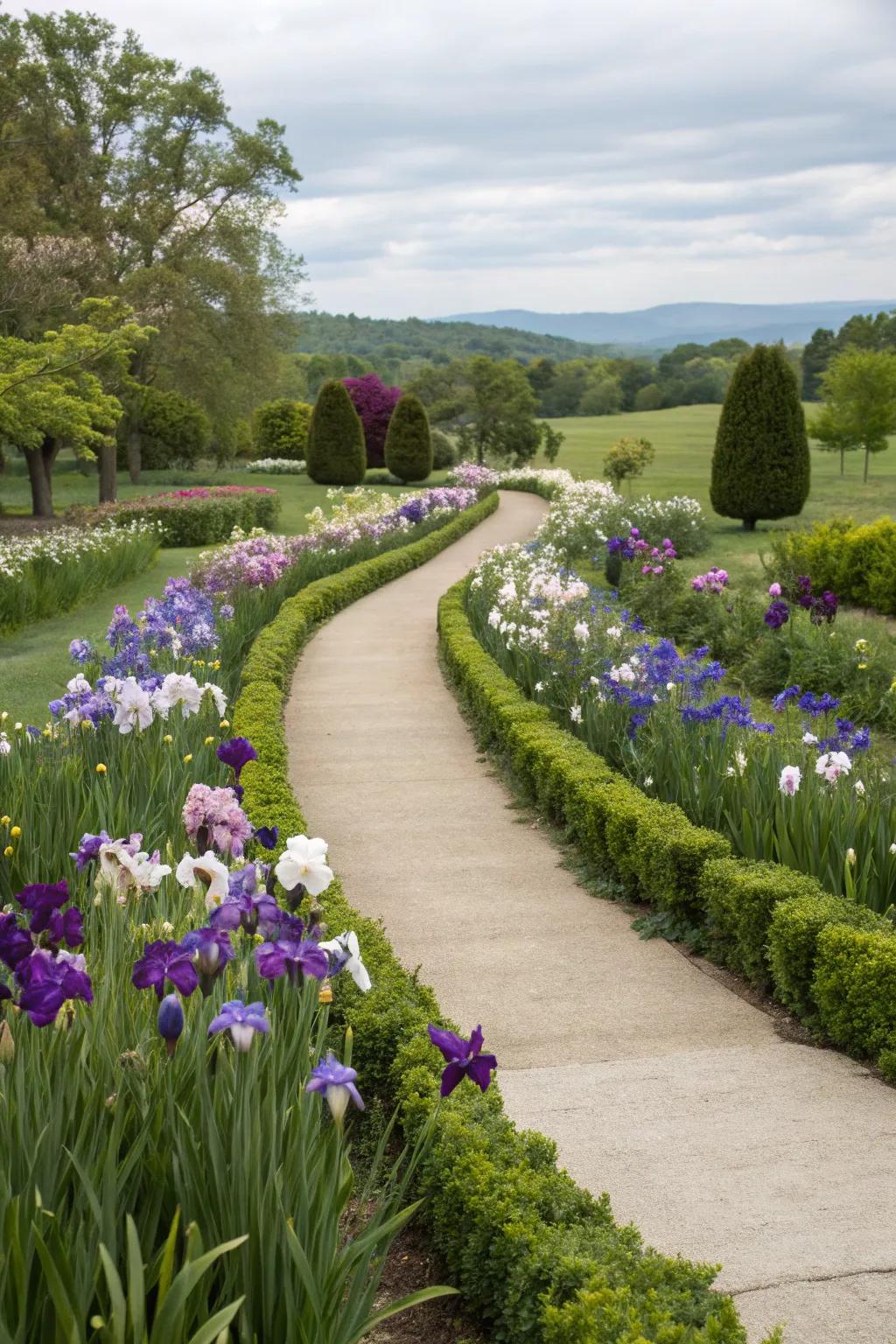 A charming pathway through a blooming iris garden.