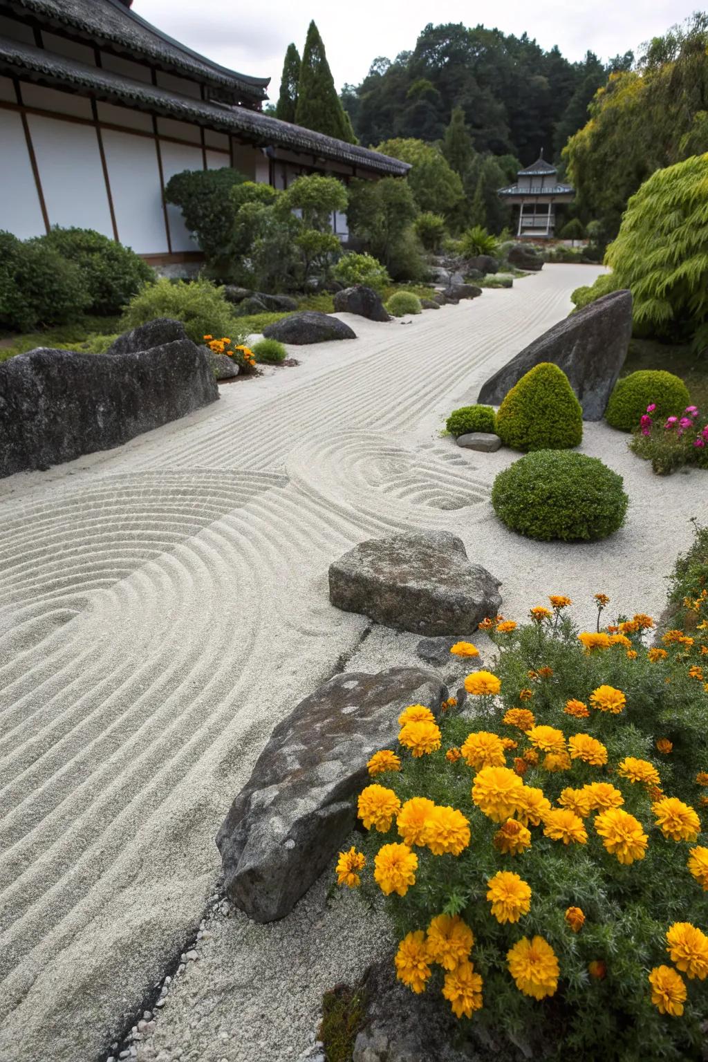 Marigolds add a lively touch to a traditional zen garden.