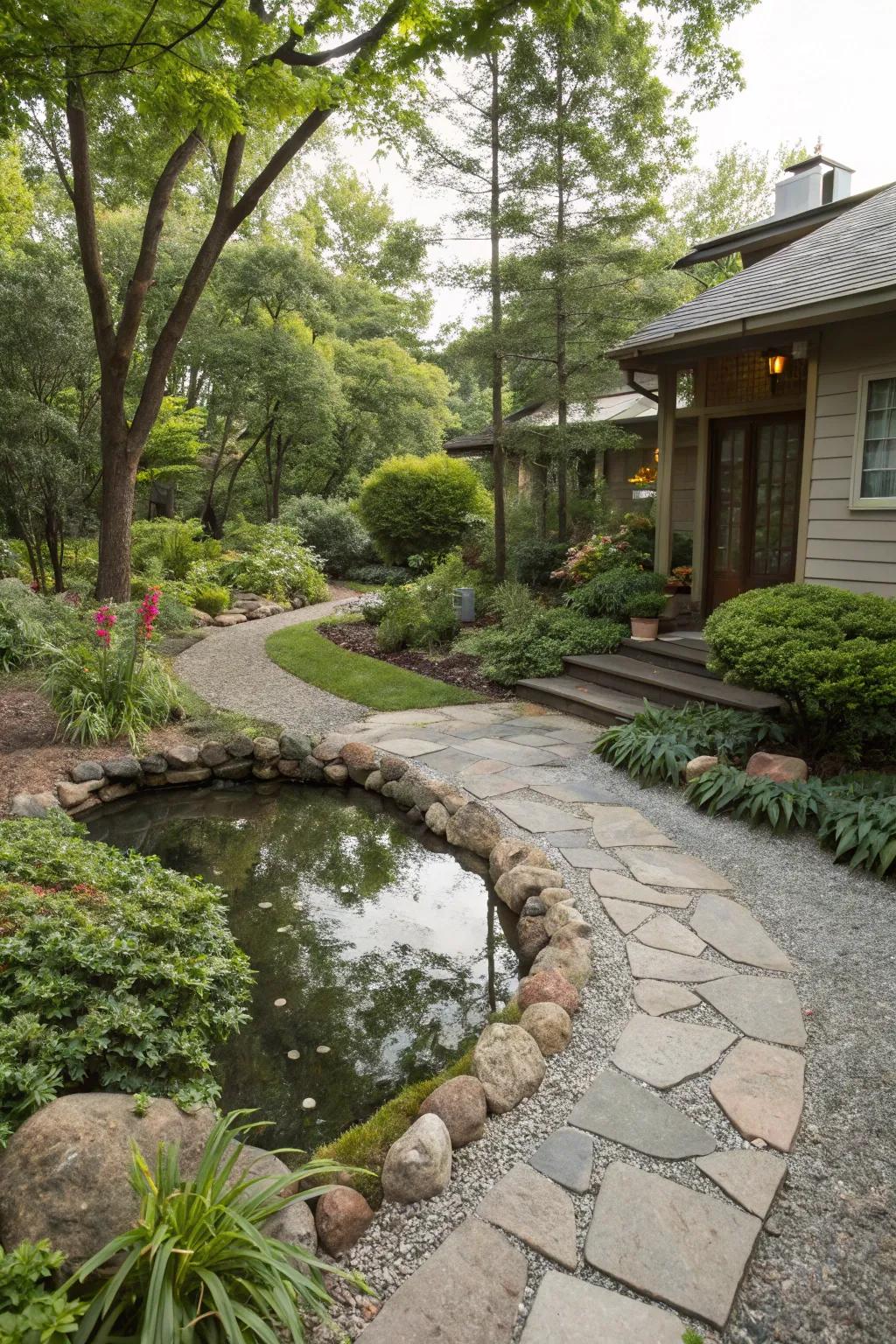 A stone pathway invites exploration around a pond.