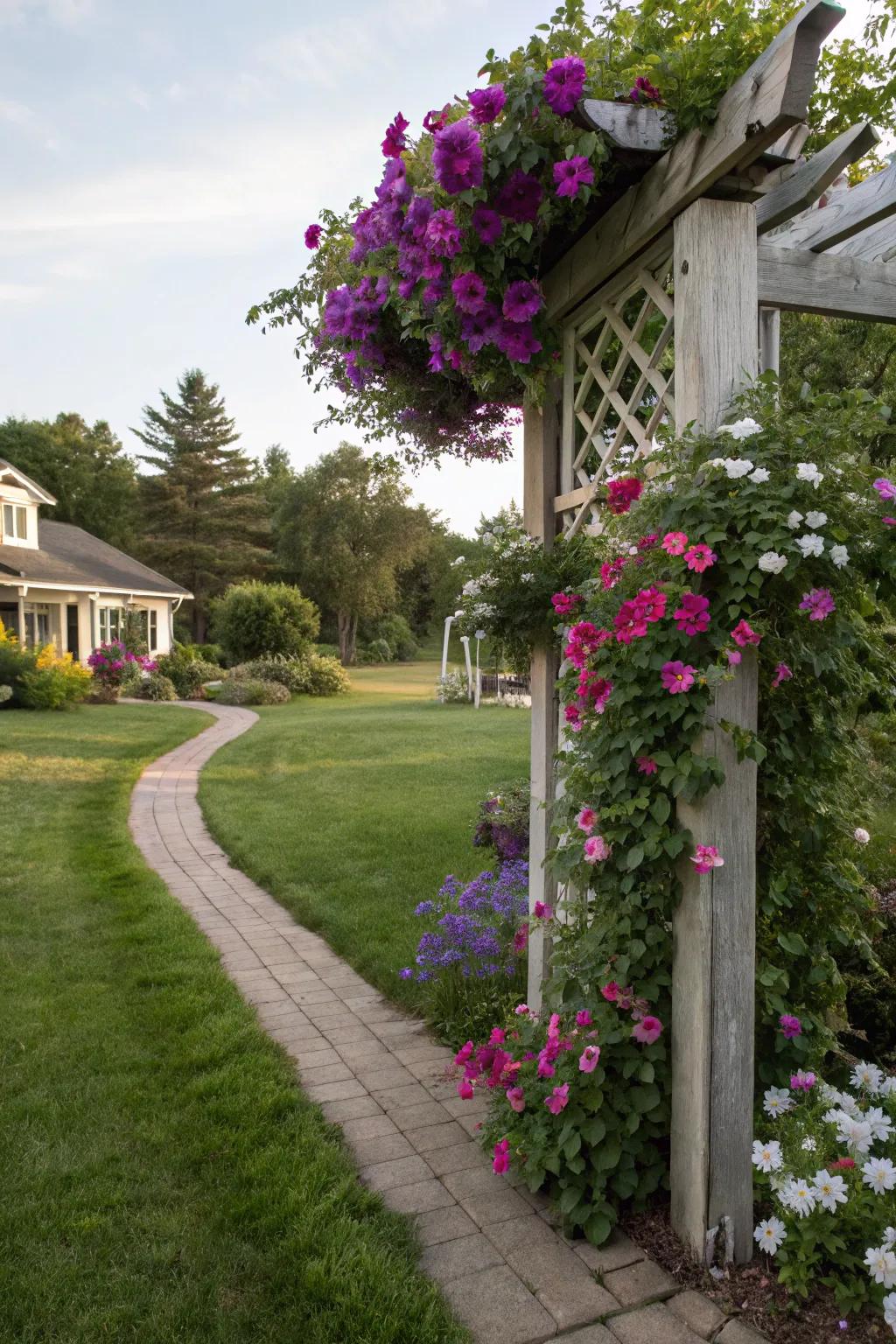 Flowering vines on trellises create a vibrant privacy feature.