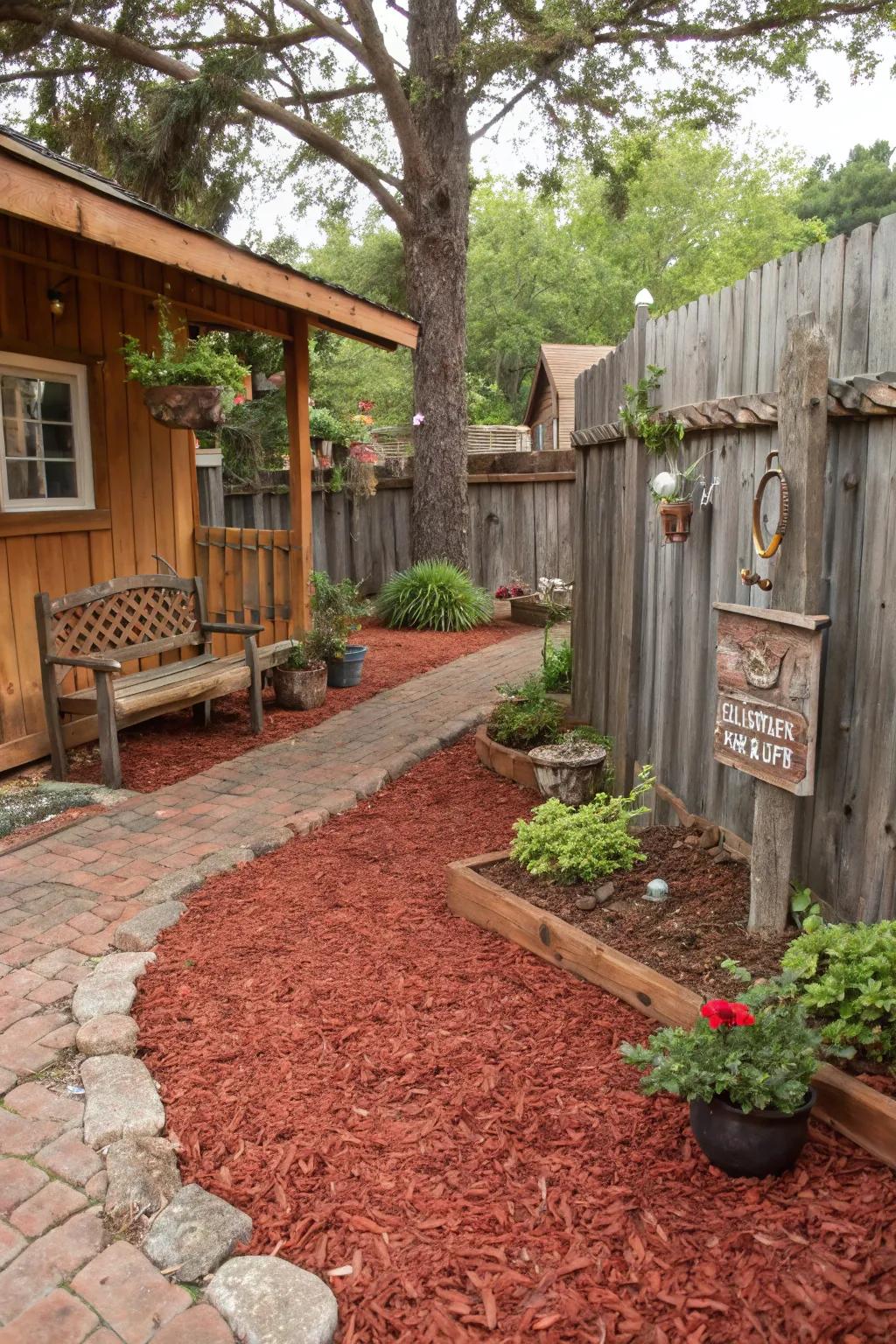 Rustic-themed yard with red mulch and wooden features.