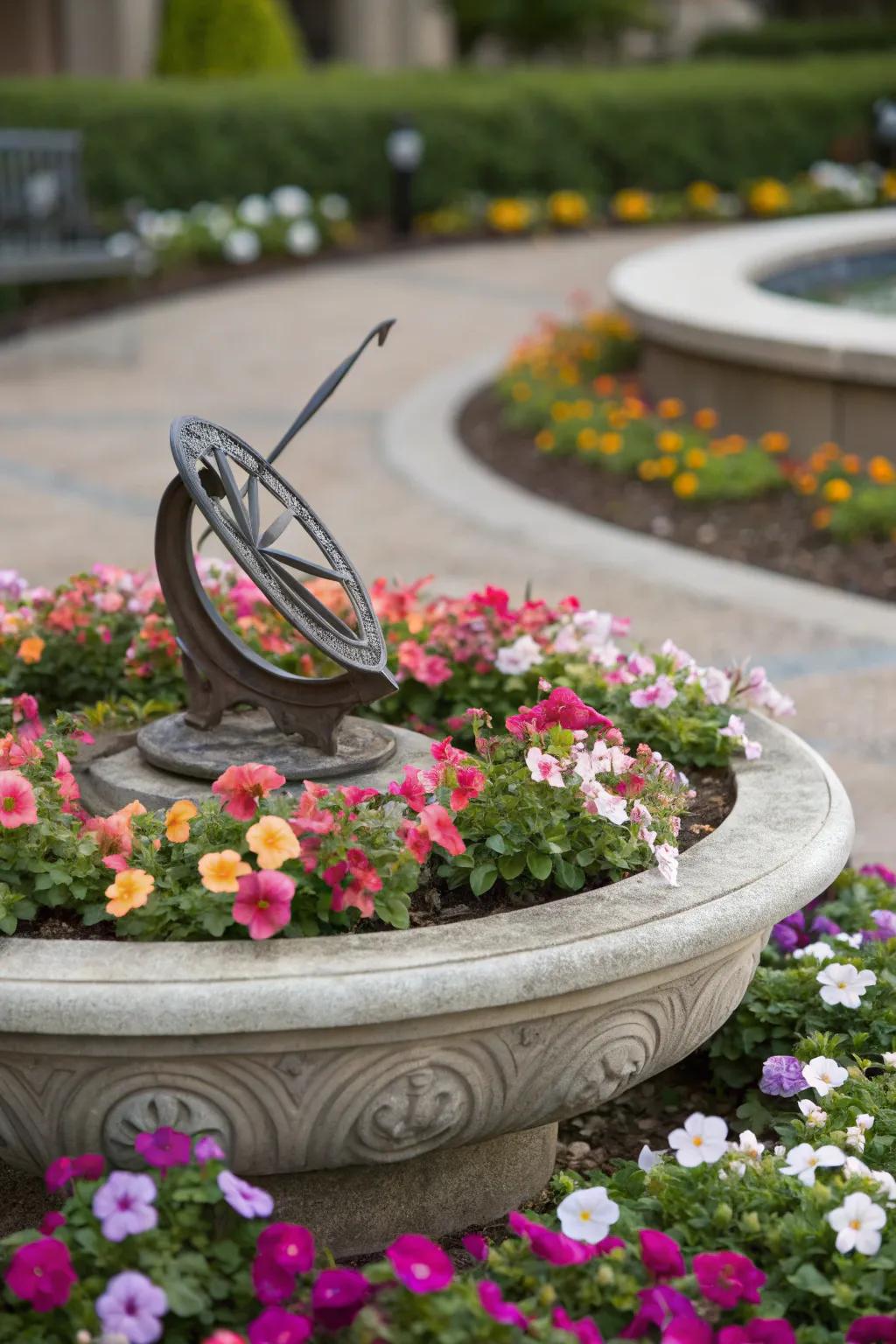 Sculptural accents add artistic flair to this flower bed.