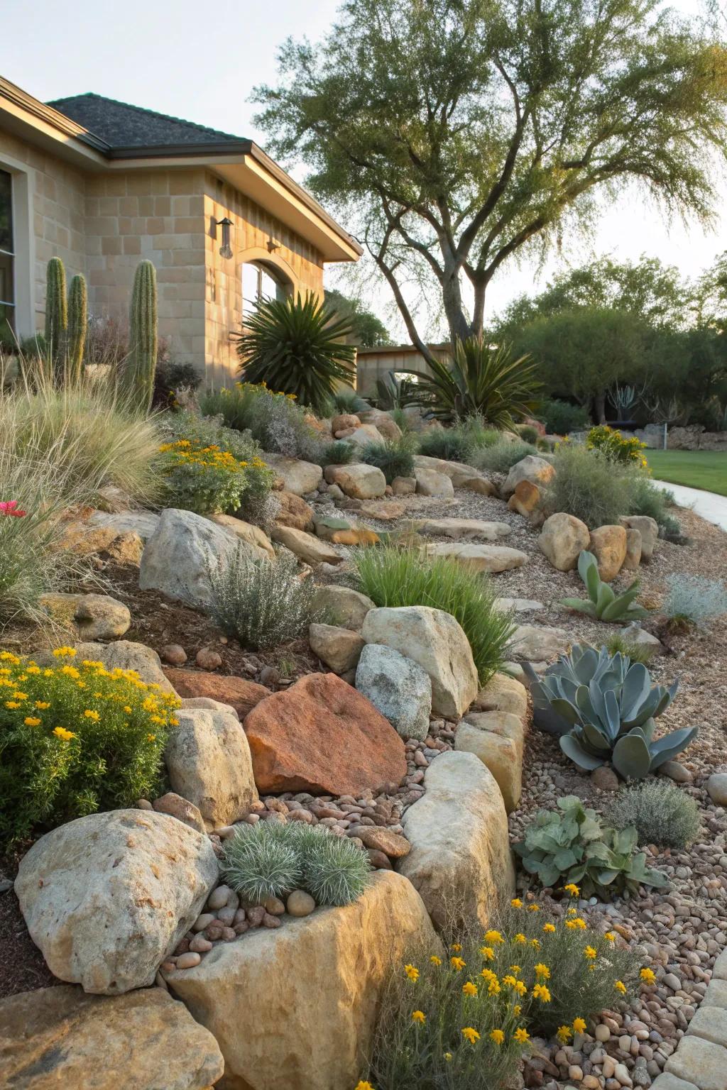 Rock gardens add texture and require minimal water