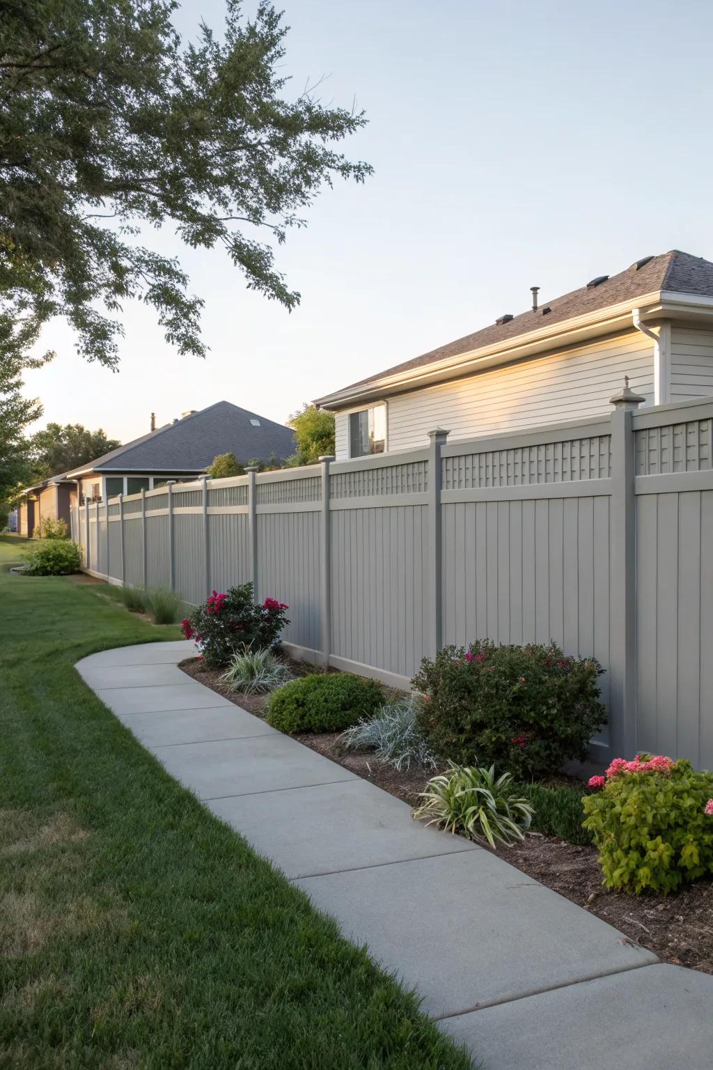 A modern gray vinyl fence harmonizing with the garden's palette.