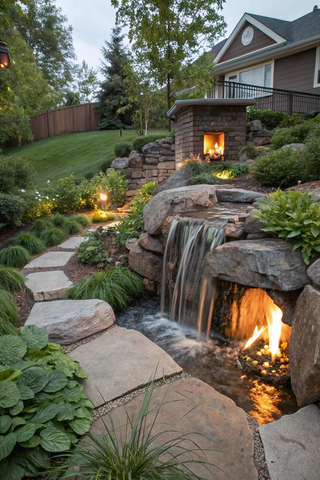 Fire and water together create a warm and inviting atmosphere.