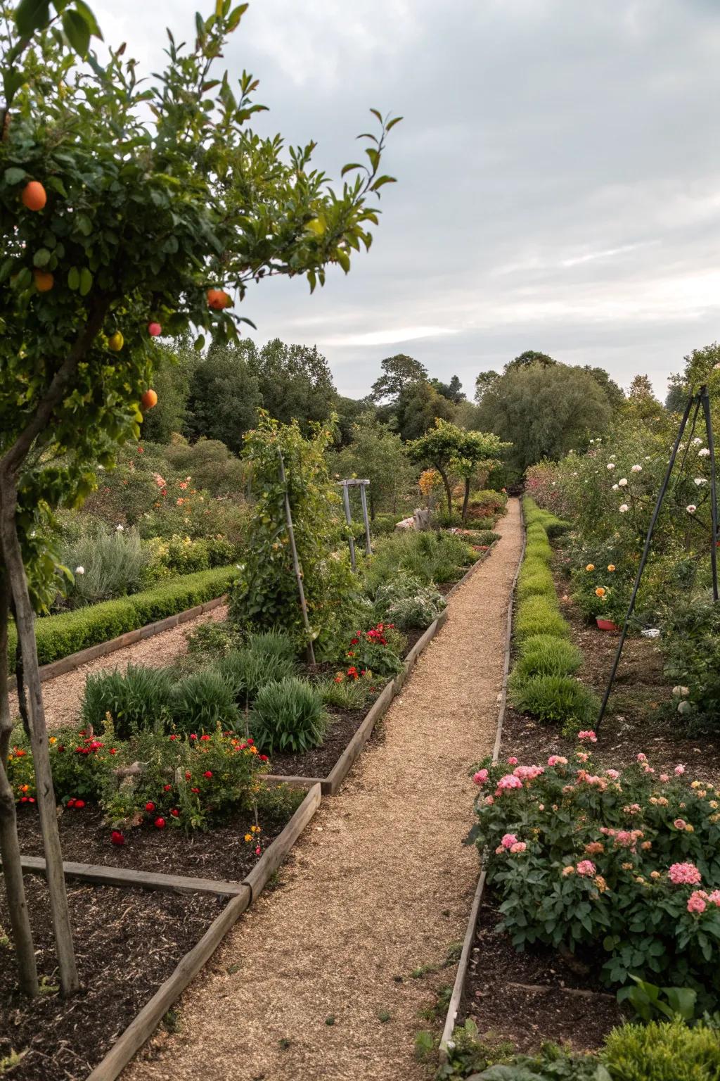 Mulch pathways winding through a garden of fruit plants.