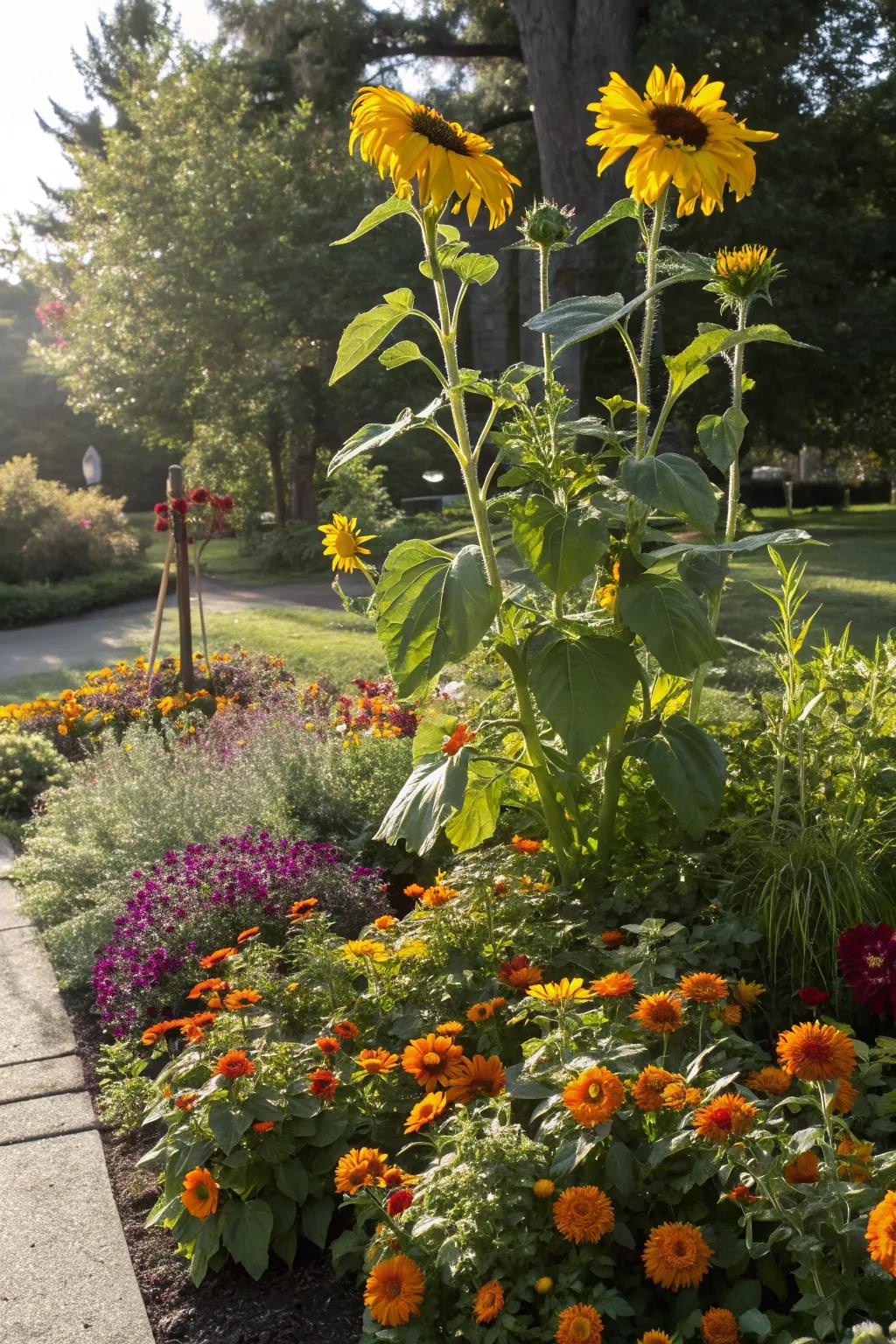 Sunflowers stand proudly as the centerpiece in this vibrant garden.