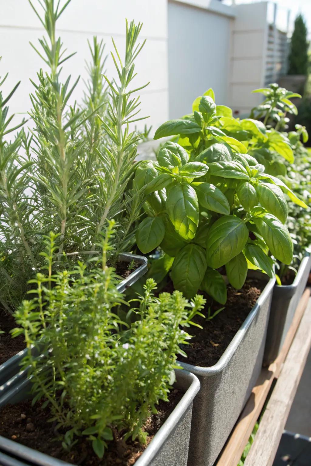 Herbs provide both beauty and utility in this sunny container garden.