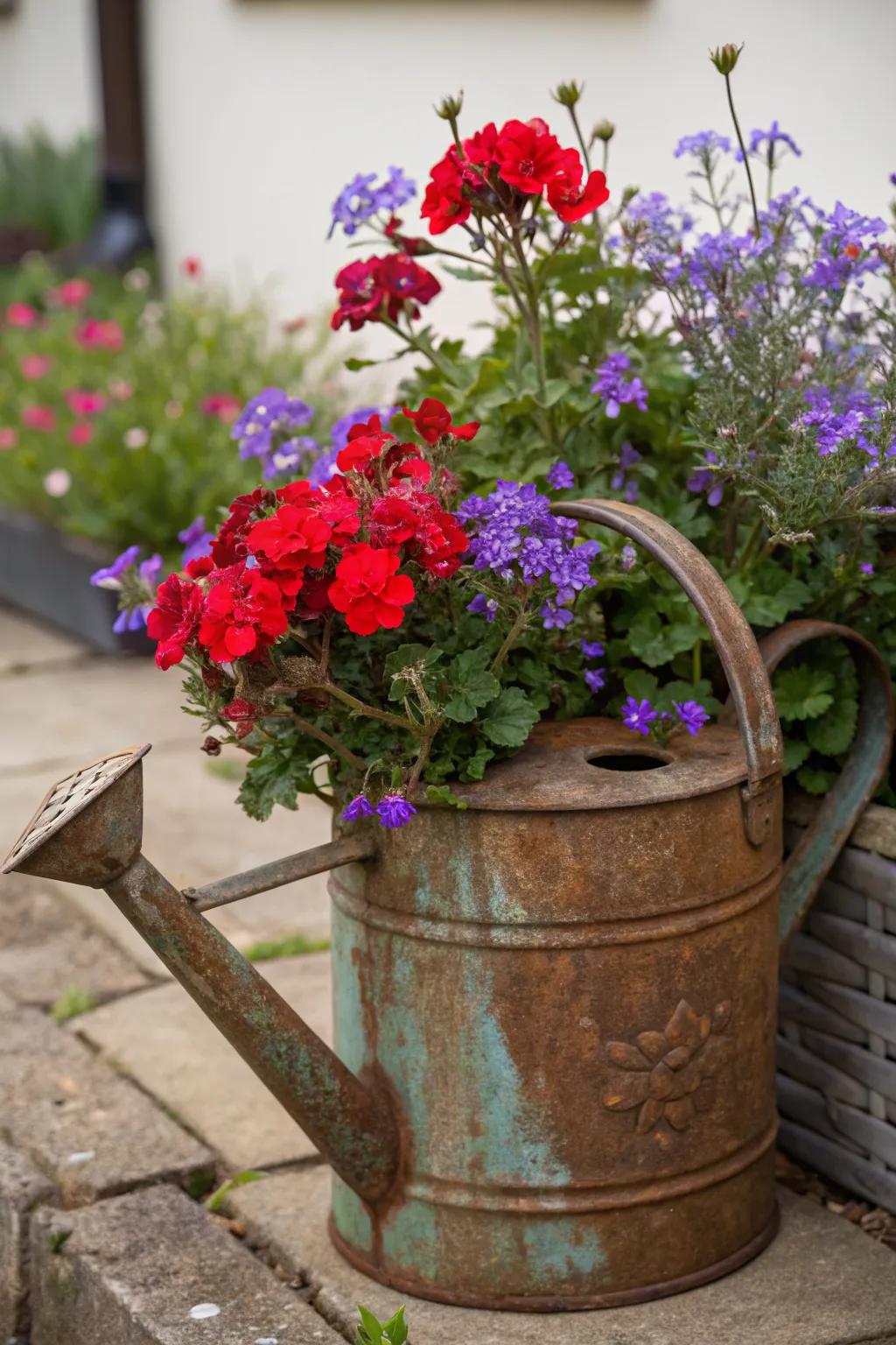 A creative watering can planter bursting with color