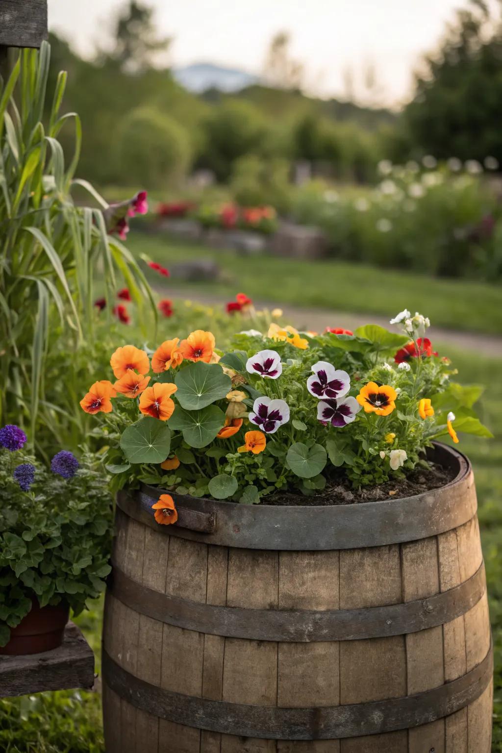 A colorful array of edible flowers in a whiskey barrel.