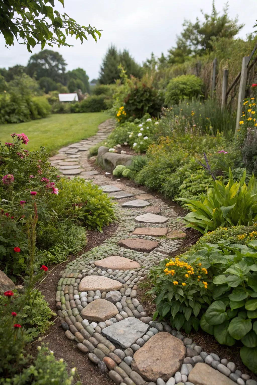 Whimsical stone pathway leading through a lush garden