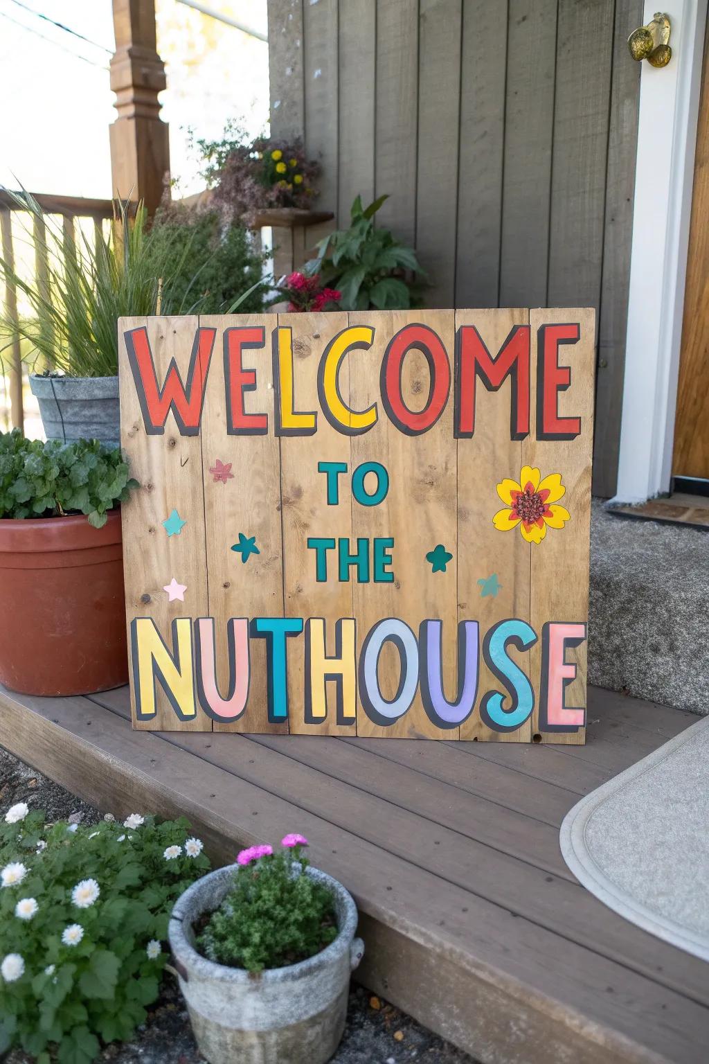 A cheerful and humorous porch sign for lively homes