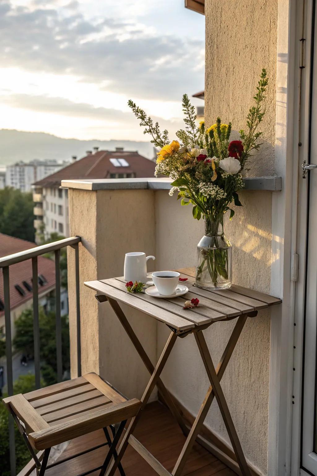 A wall-mounted drop-leaf table is a smart space-saving solution for small balconies.