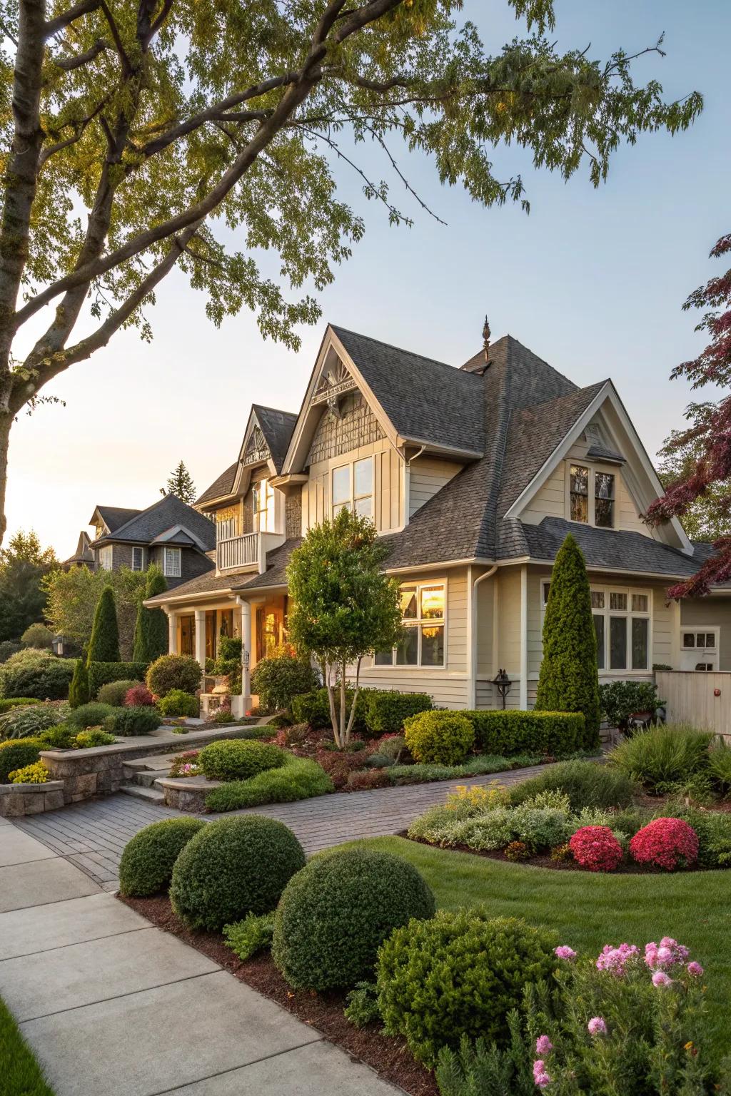 Landscaping enhances the visual appeal of gable designs.